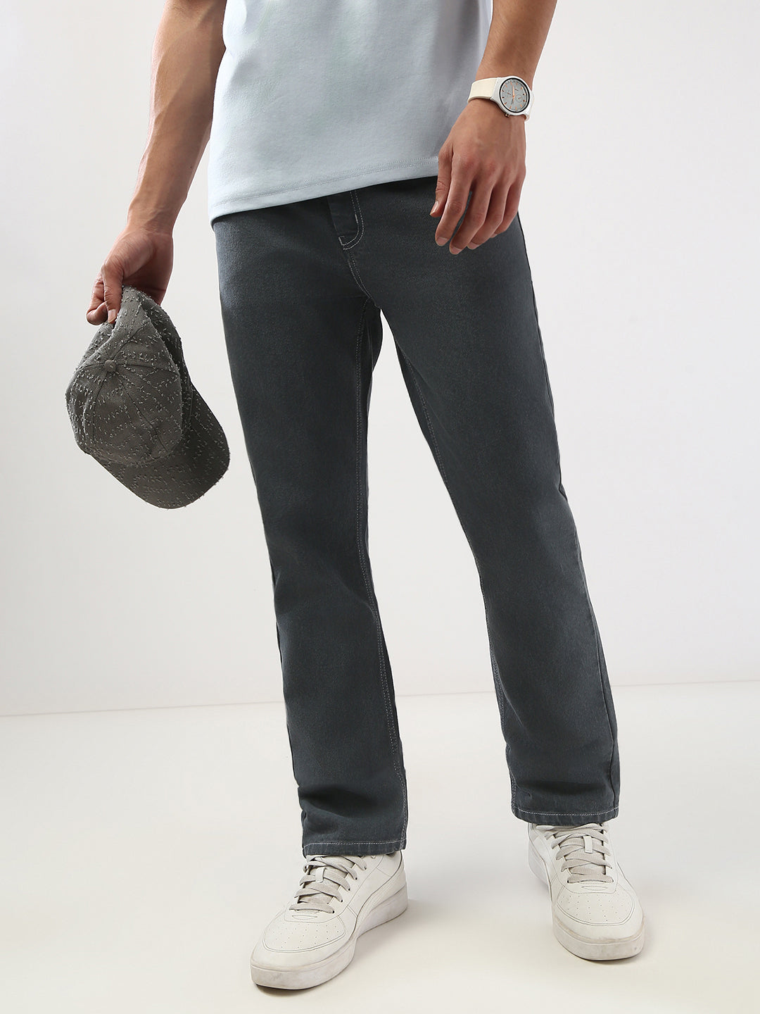 Men's Grey Straight Fit Washed Jeans Stretchable