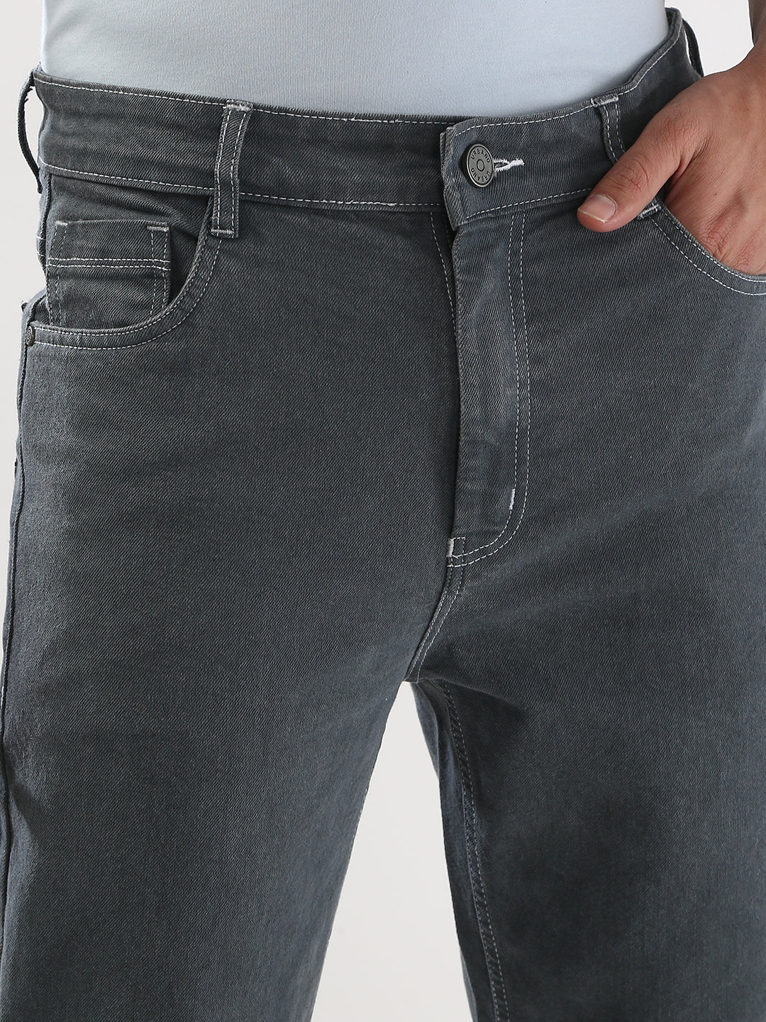 Men's Grey Straight Fit Washed Jeans Stretchable