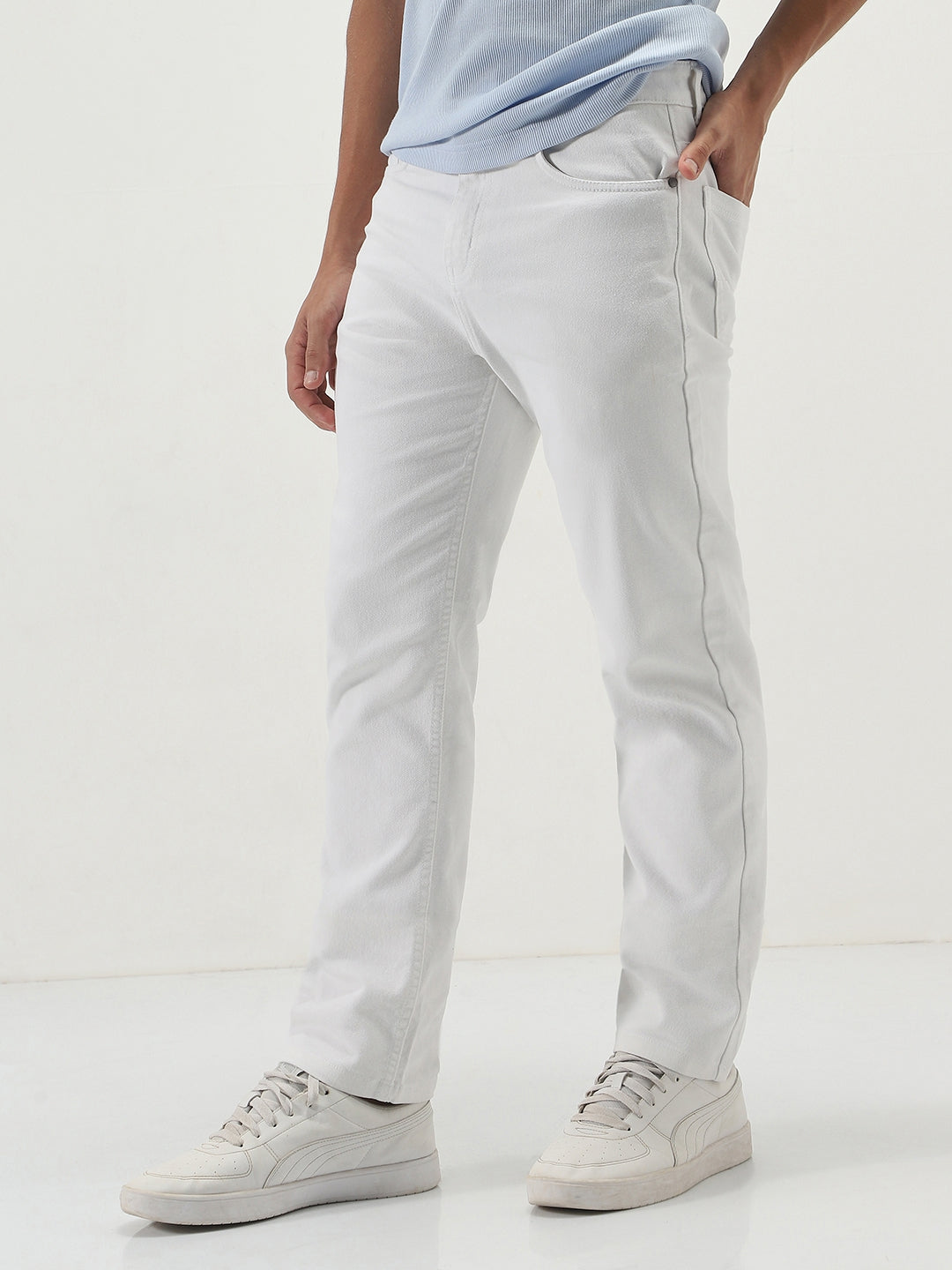 Men's White Straight Fit Washed Jeans Stretchable