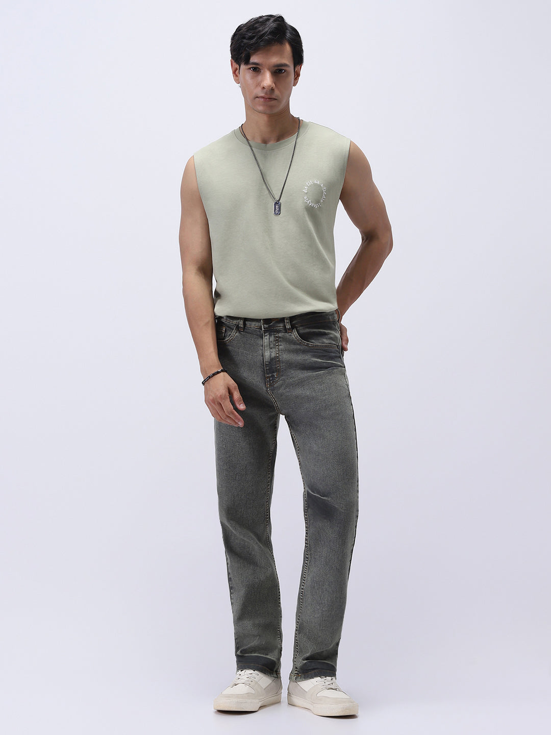Men's Light Grey Straight Fit Heavy Washed Jeans Stretchable