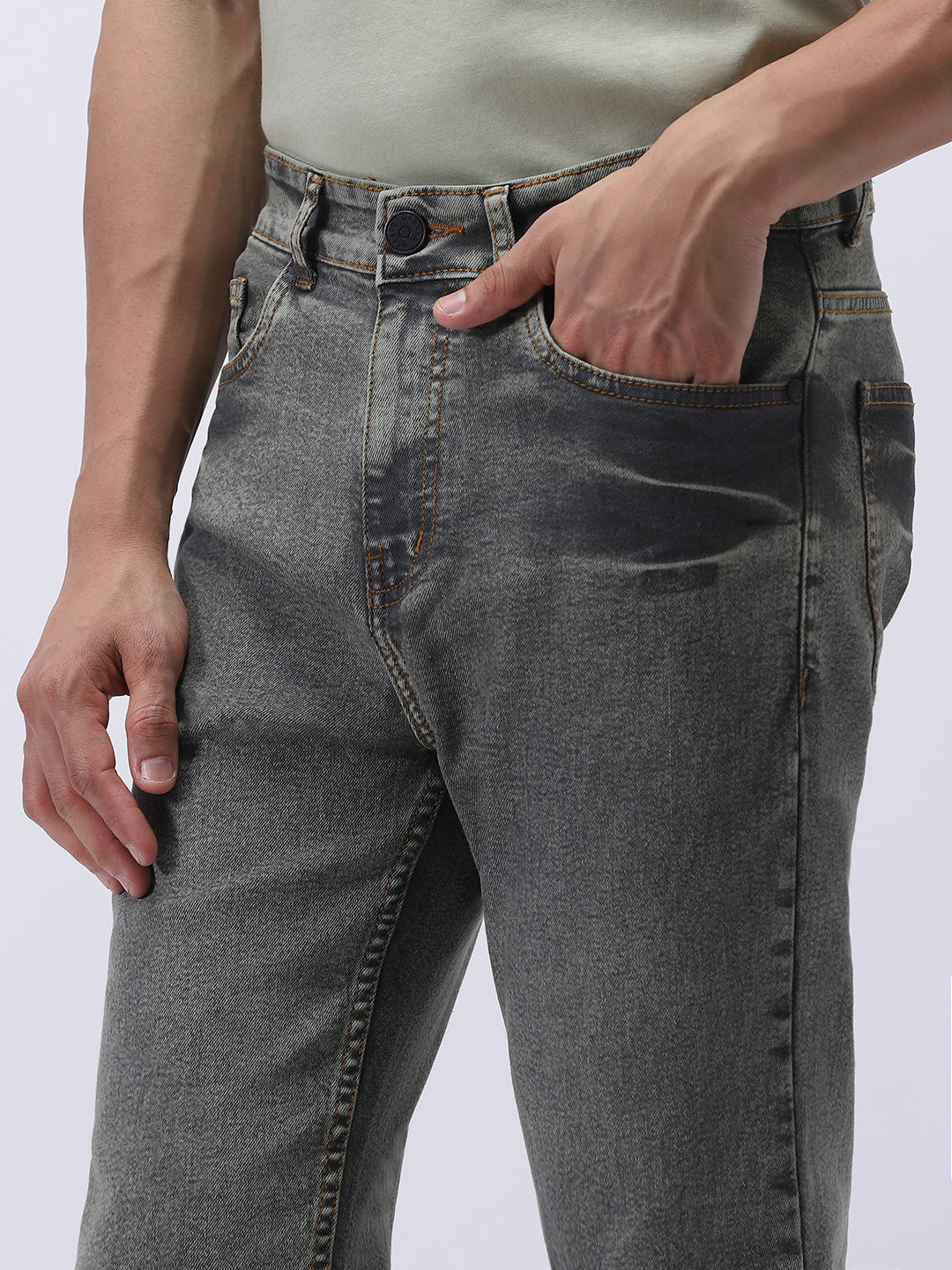 Men's Light Grey Straight Fit Heavy Washed Jeans Stretchable