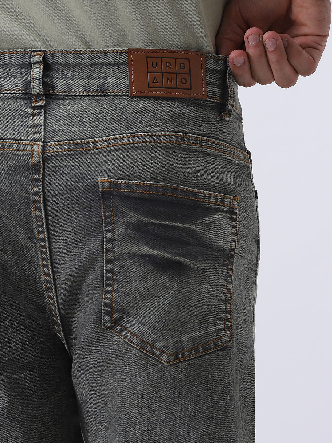 Men's Light Grey Straight Fit Heavy Washed Jeans Stretchable