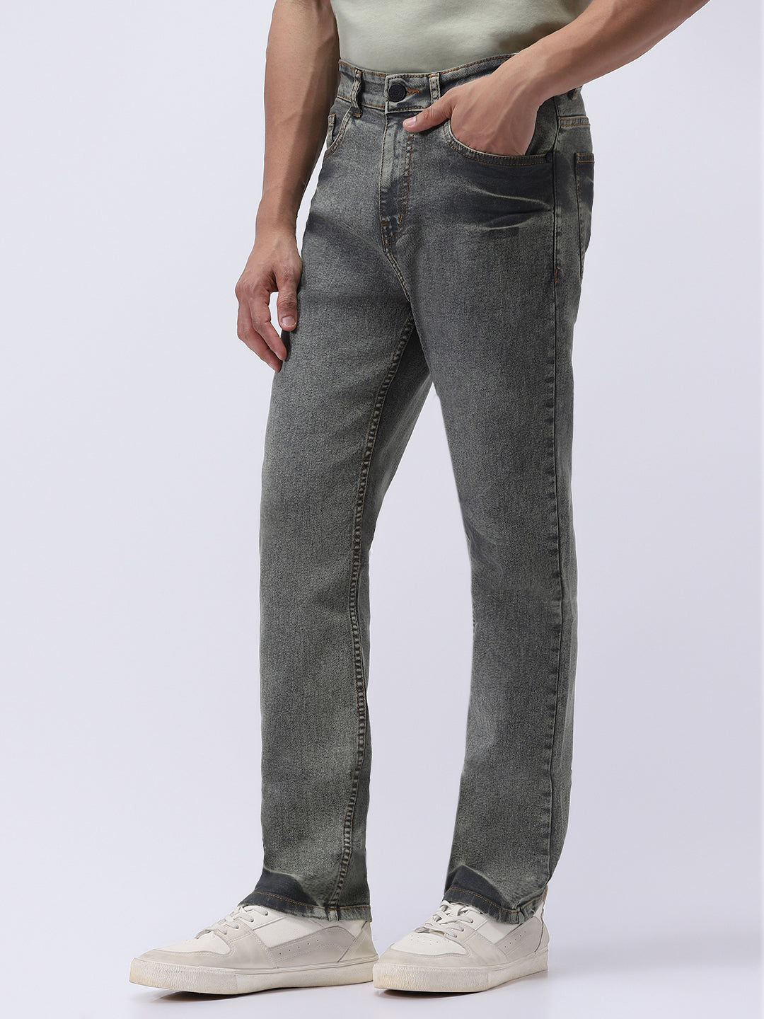 Men's Light Grey Straight Fit Heavy Washed Jeans Stretchable