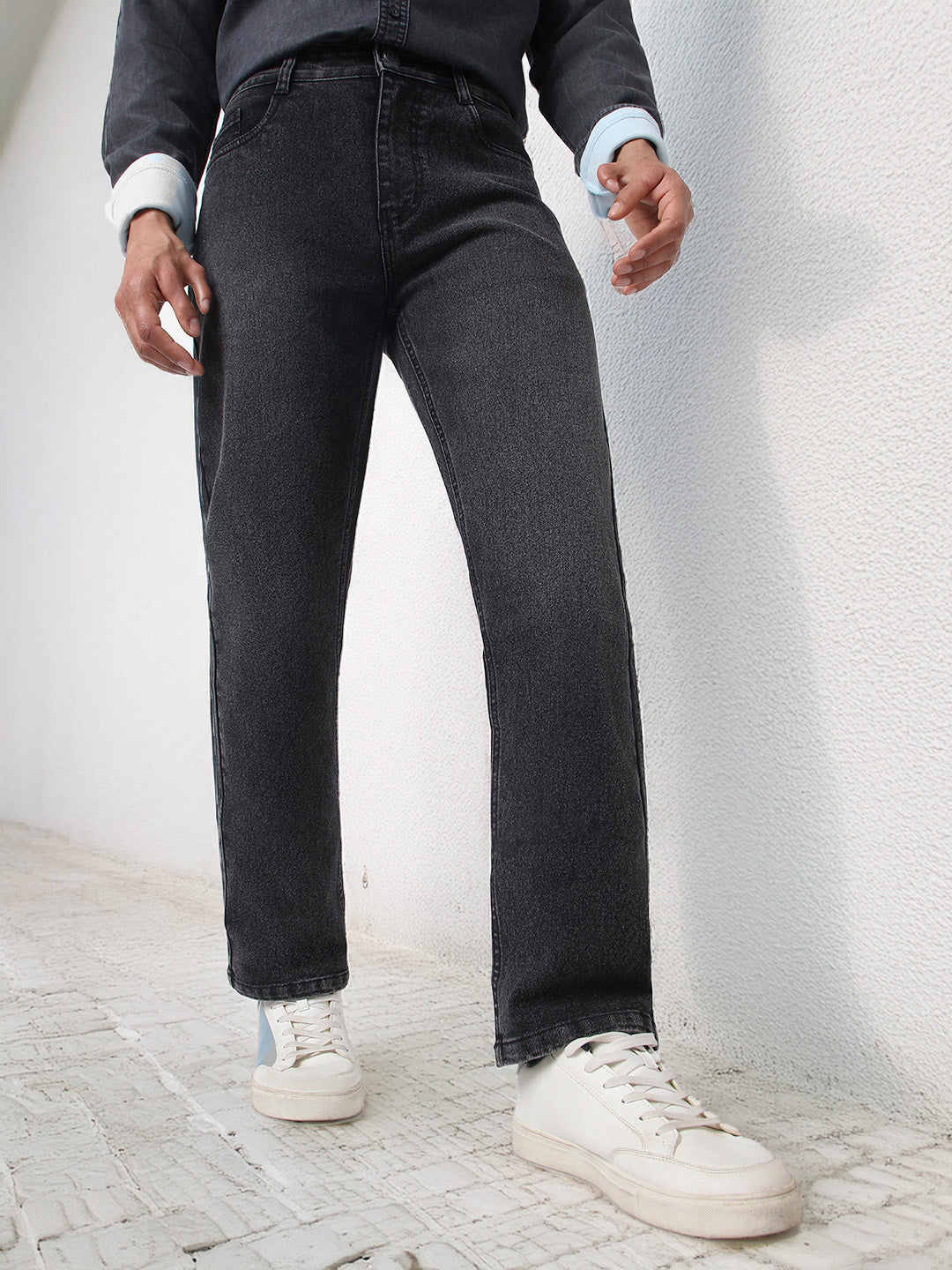 Men's Black Straight Fit Washed Jeans Stretchable