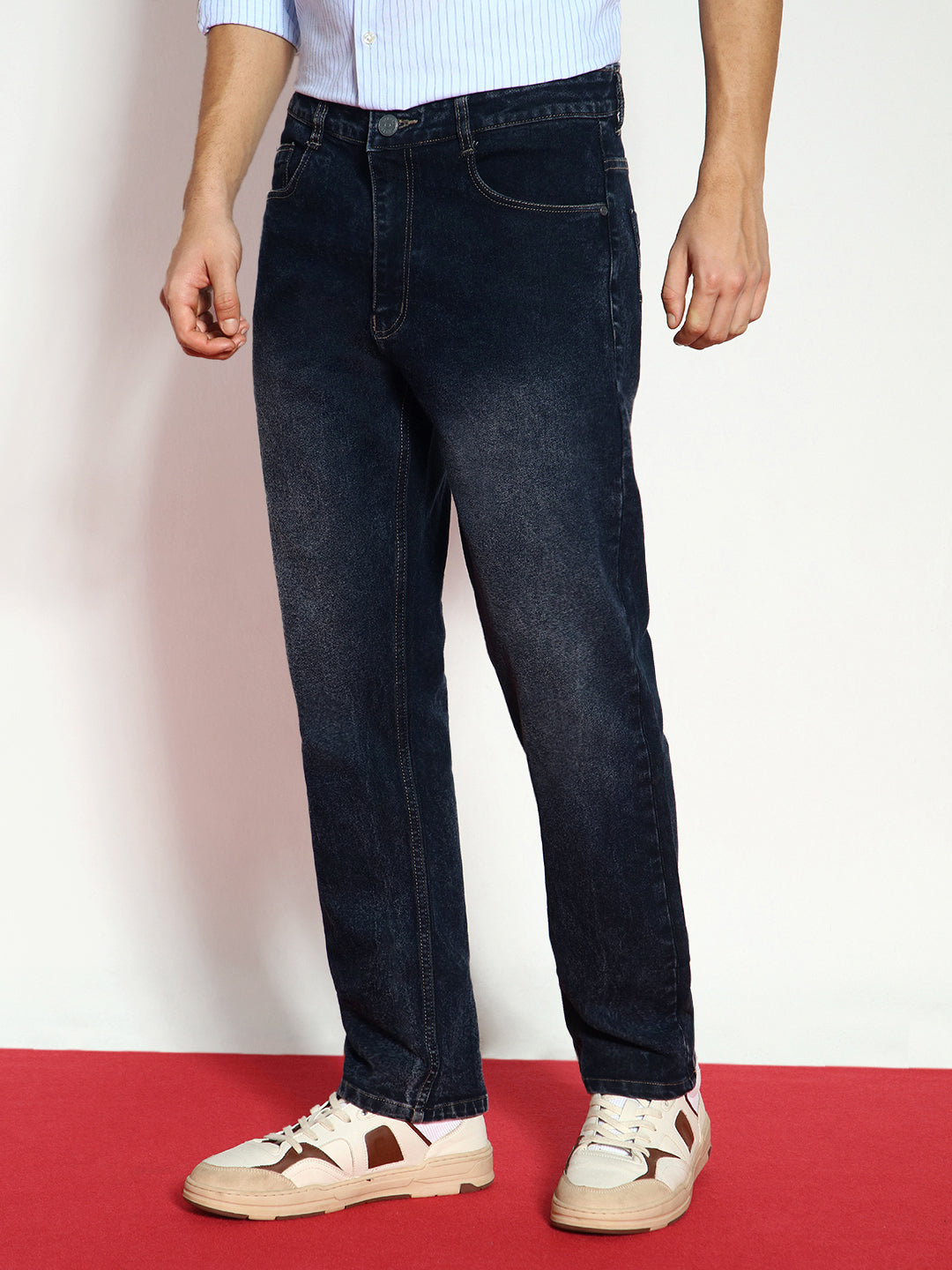 Men's Dark Grey Straight Fit Washed Jeans Stretchable