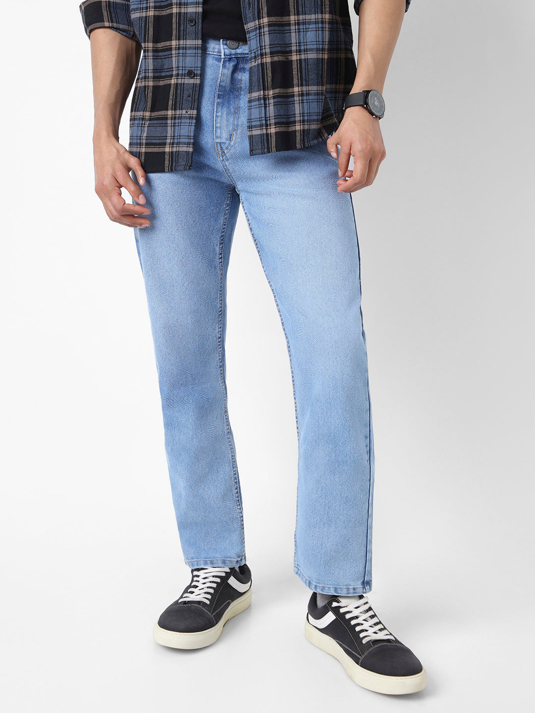 Men's Light Blue Straight Fit Washed Jeans Stretchable