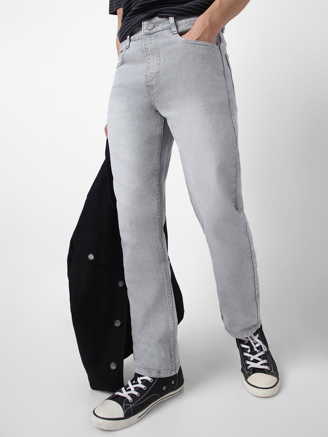 Men's Light Grey Straight Fit Washed Jeans Stretchable