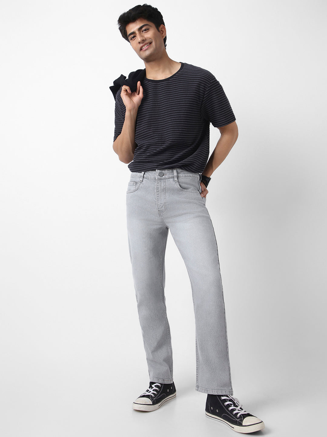 Men's Light Grey Straight Fit Washed Jeans Stretchable
