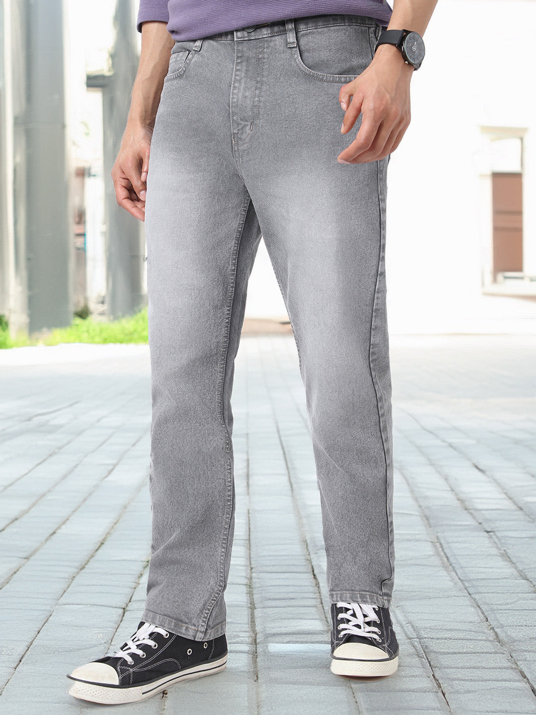 Men's Grey Straight Fit Washed Jeans Stretchable
