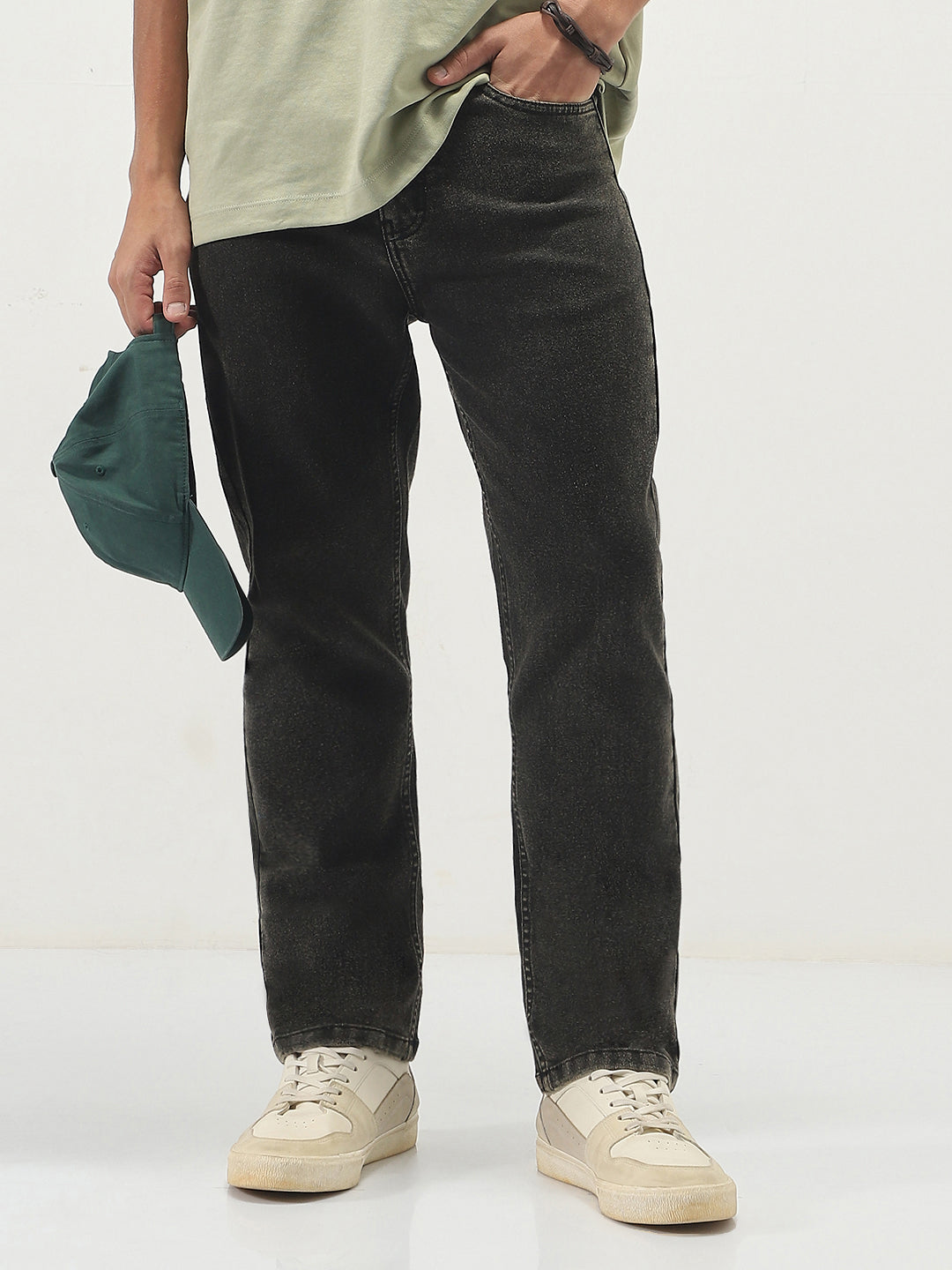 Men's Black Straight Fit Heavy Washed Jeans Stretchable