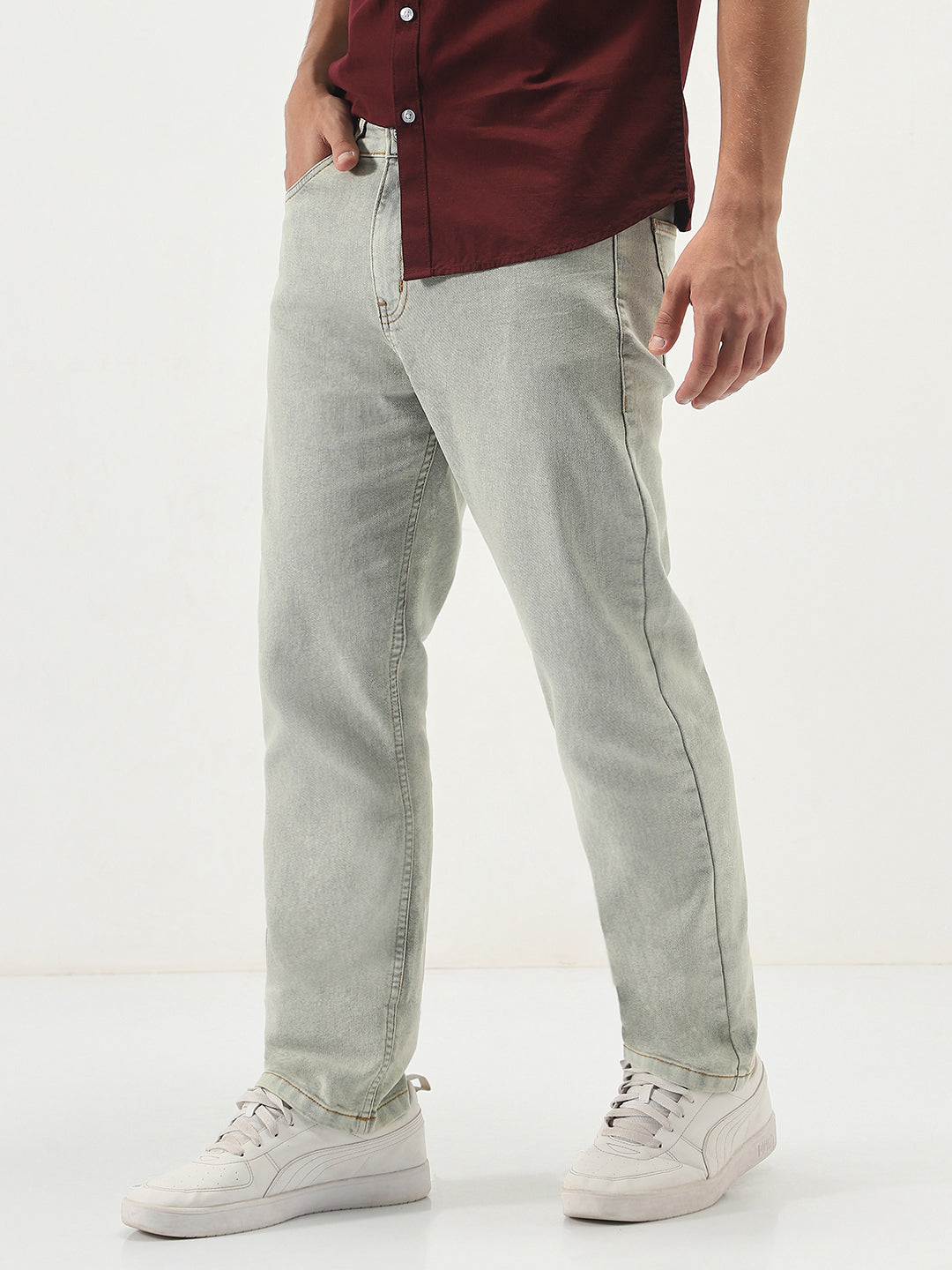 Men's Ice Grey Straight Fit Heavy Washed Jeans Stretchable