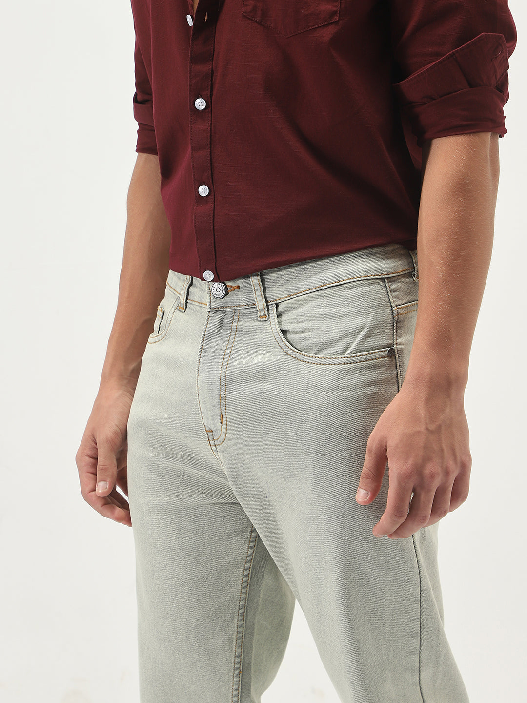 Men's Ice Grey Straight Fit Heavy Washed Jeans Stretchable