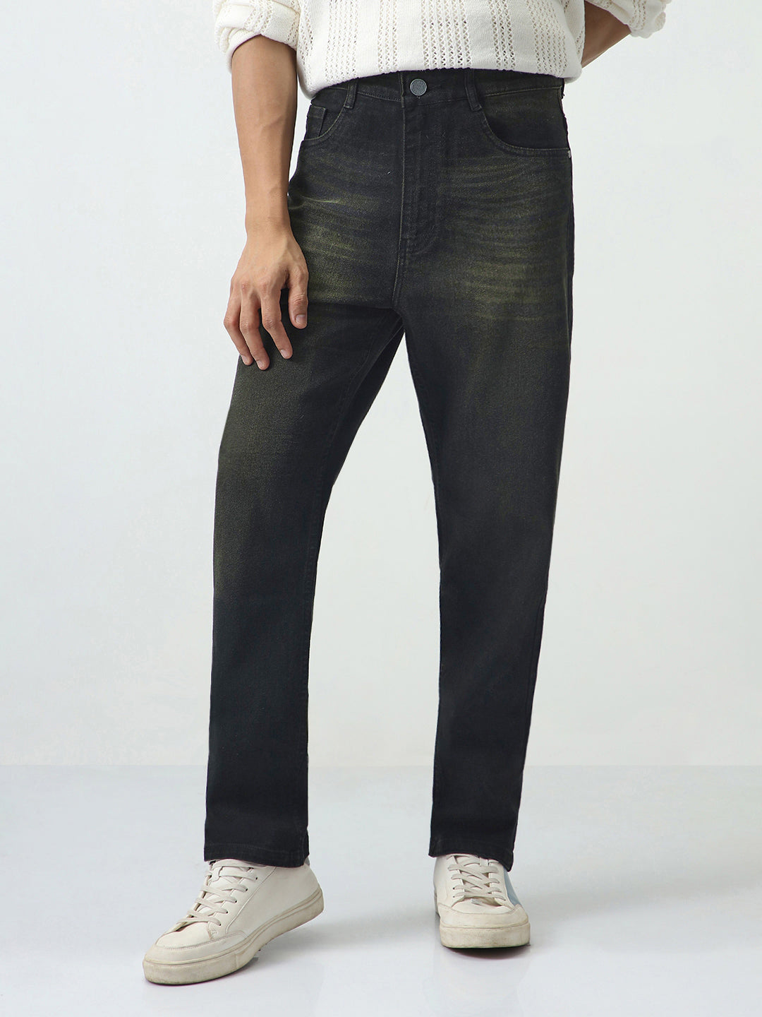 Men's Black Straight Fit Heavy Washed Jeans Stretchable