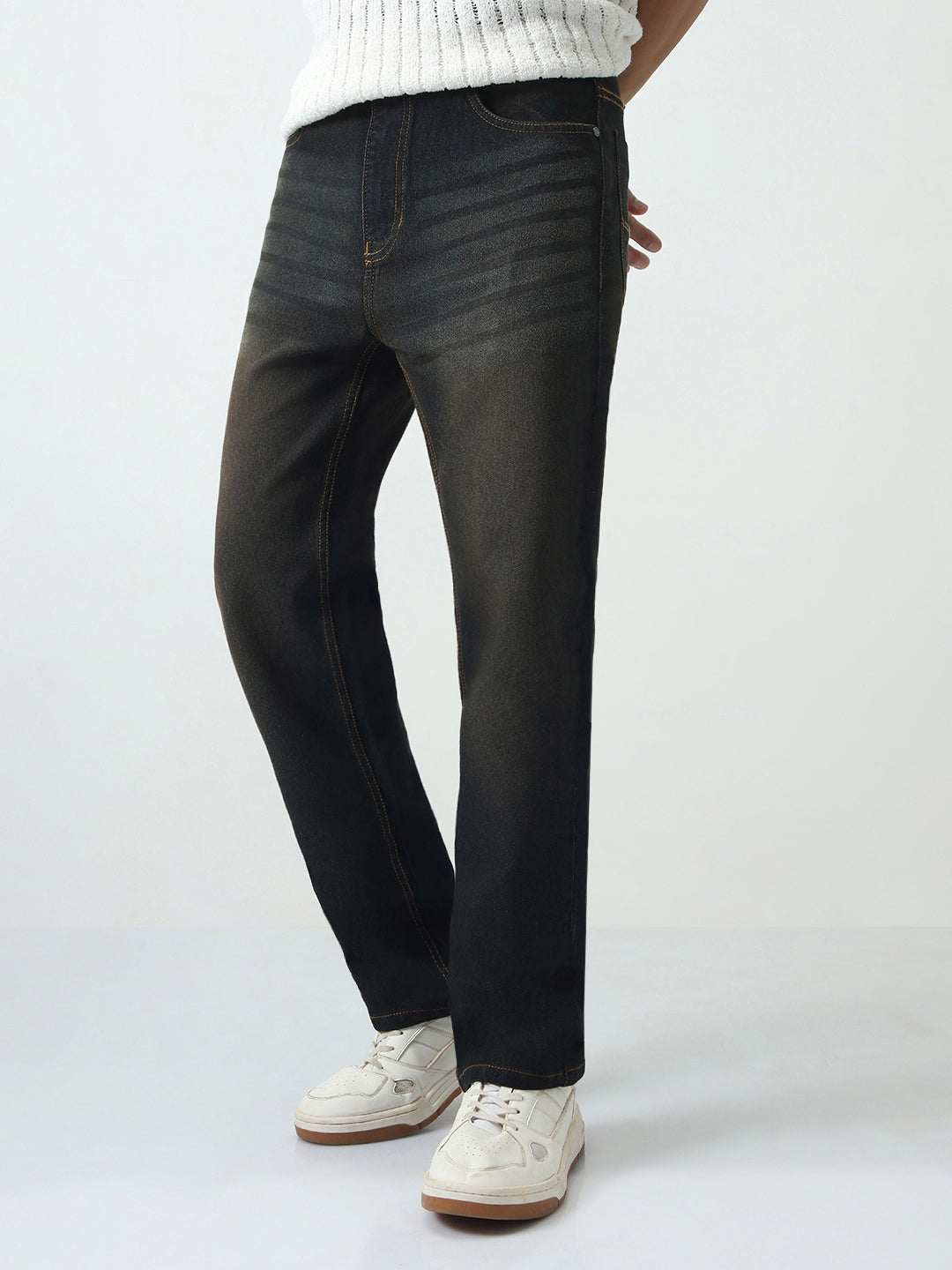 Men's Carbon Blue Straight Fit Heavy Washed Jeans Stretchable