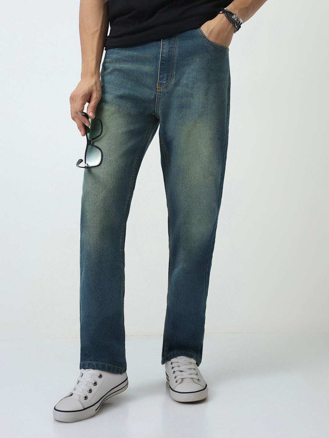 Men's Light Blue Straight Fit Heavy Washed Jeans Stretchable