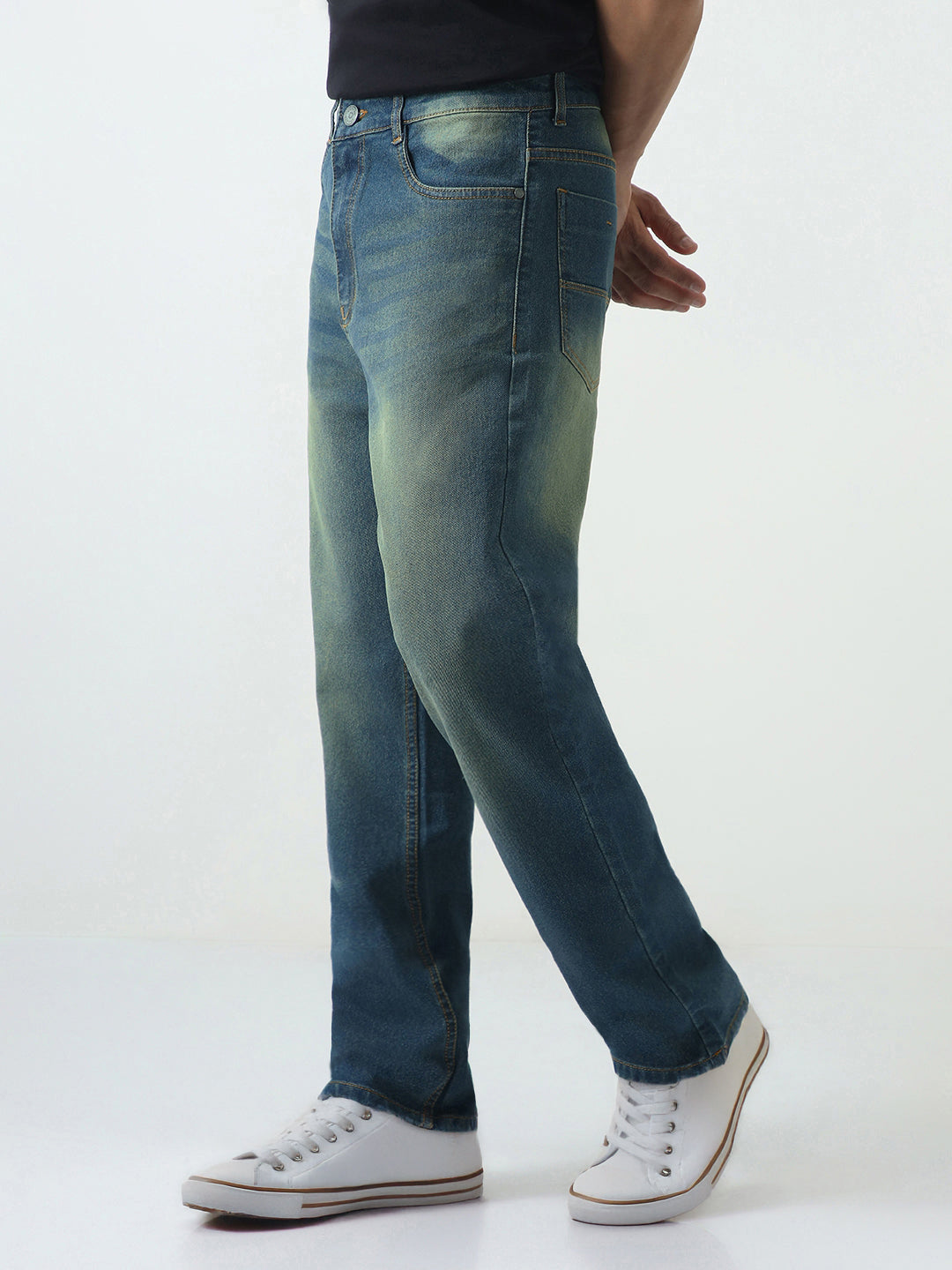 Men's Light Blue Straight Fit Heavy Washed Jeans Stretchable