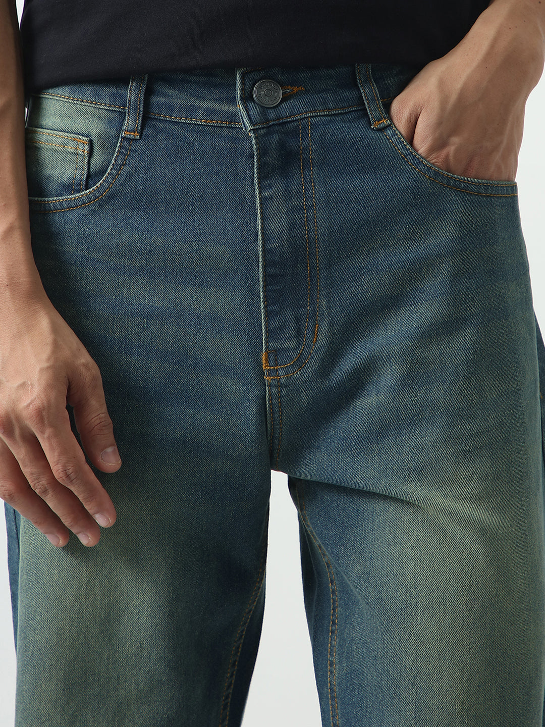 Men's Light Blue Straight Fit Heavy Washed Jeans Stretchable