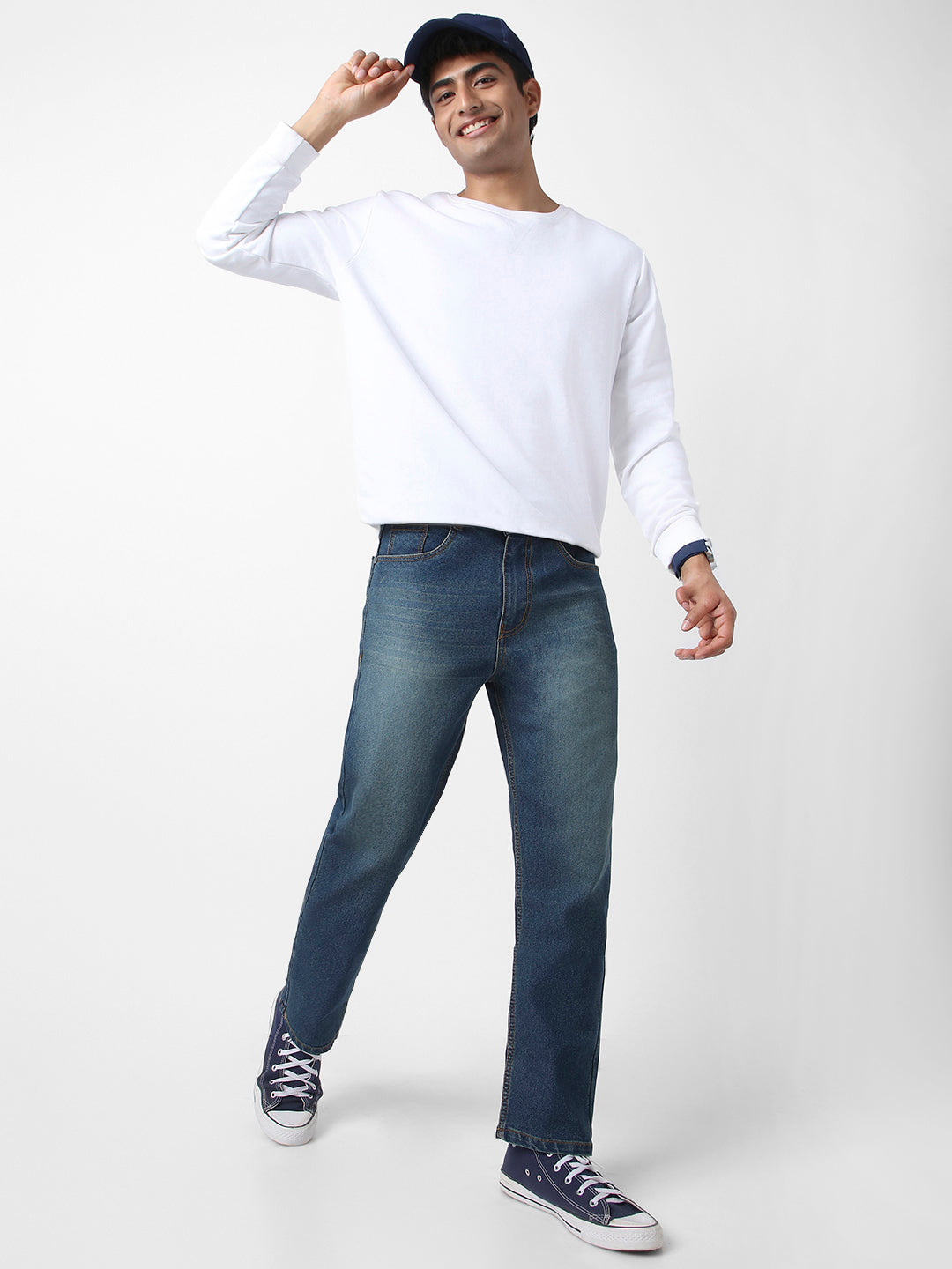 Men's Blue Straight Fit Washed Jeans Stretchable