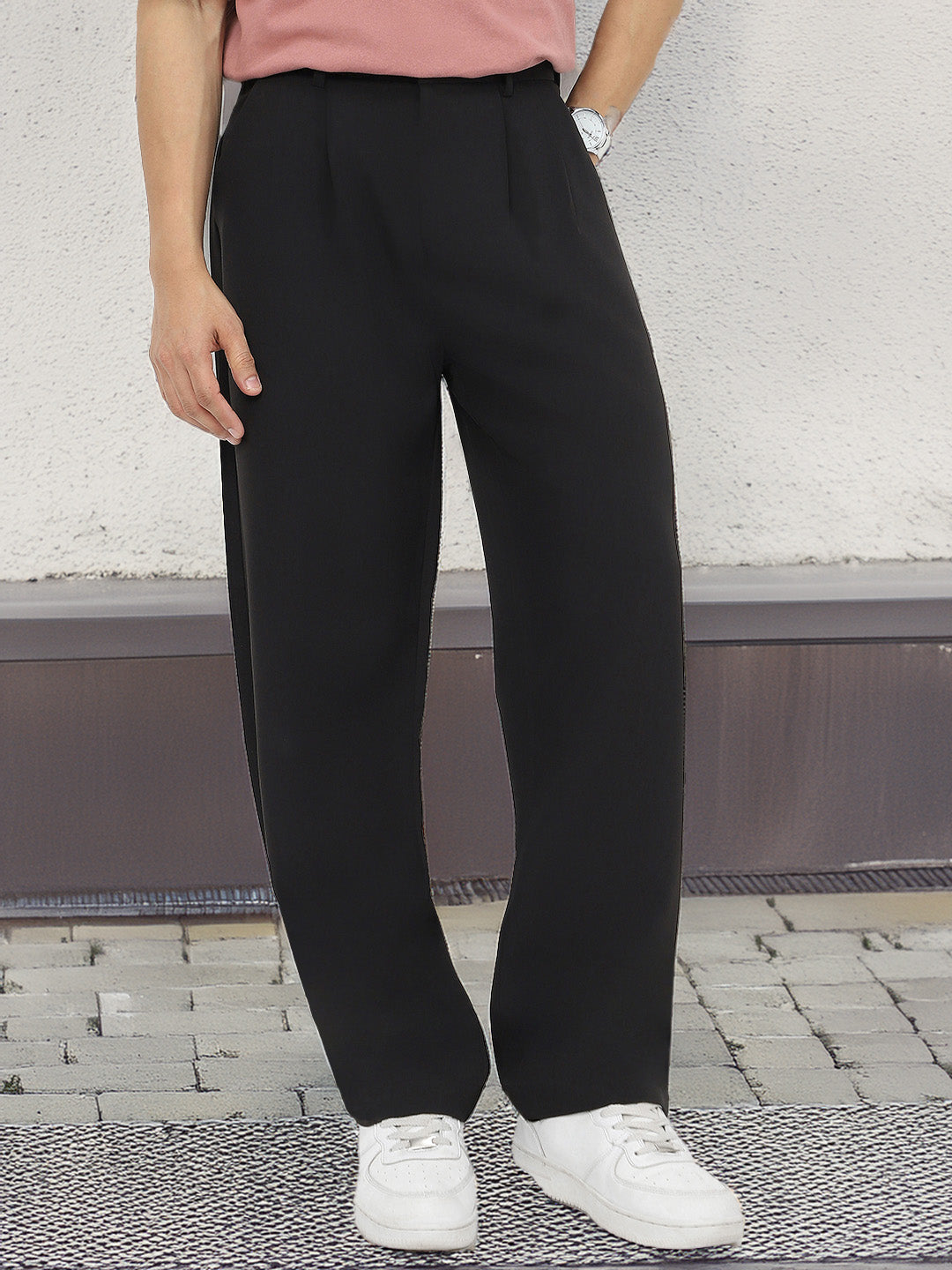 Men's Black Loose Baggy Fit Solid Korean Pants Stretchable