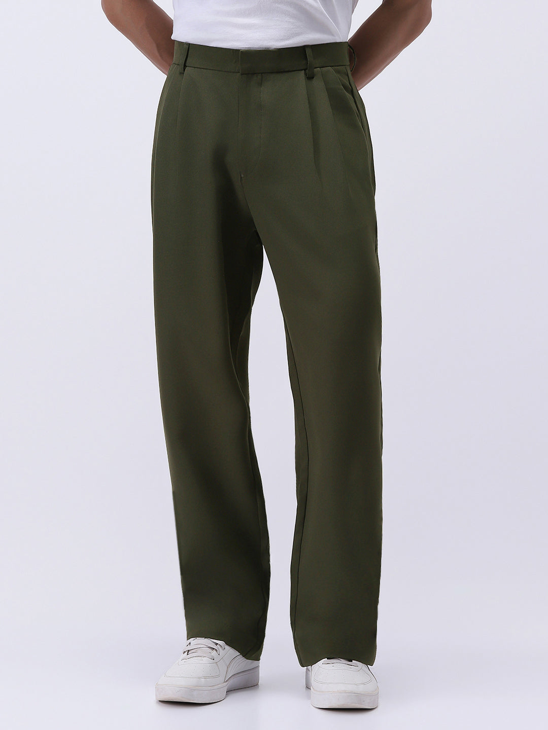 Men's Dark Green Loose Baggy Fit Solid Korean Pants Stretchable