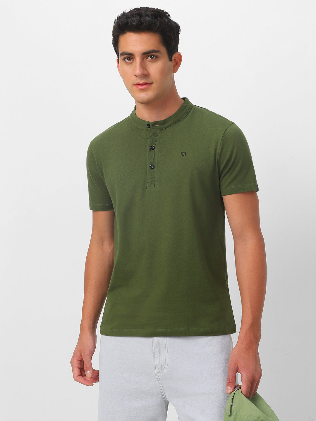 Men's Olive Green Solid Mandarin Collar Slim Fit Cotton T-Shirt