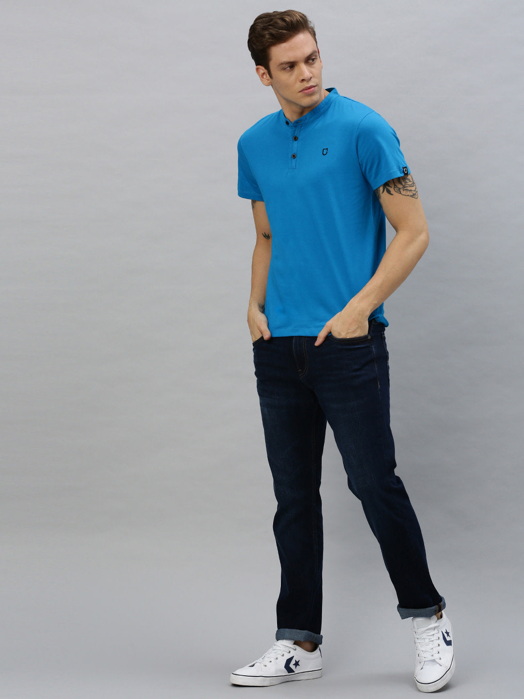 Men's Sky Blue Solid Mandarin Collar Slim Fit Cotton T-Shirt