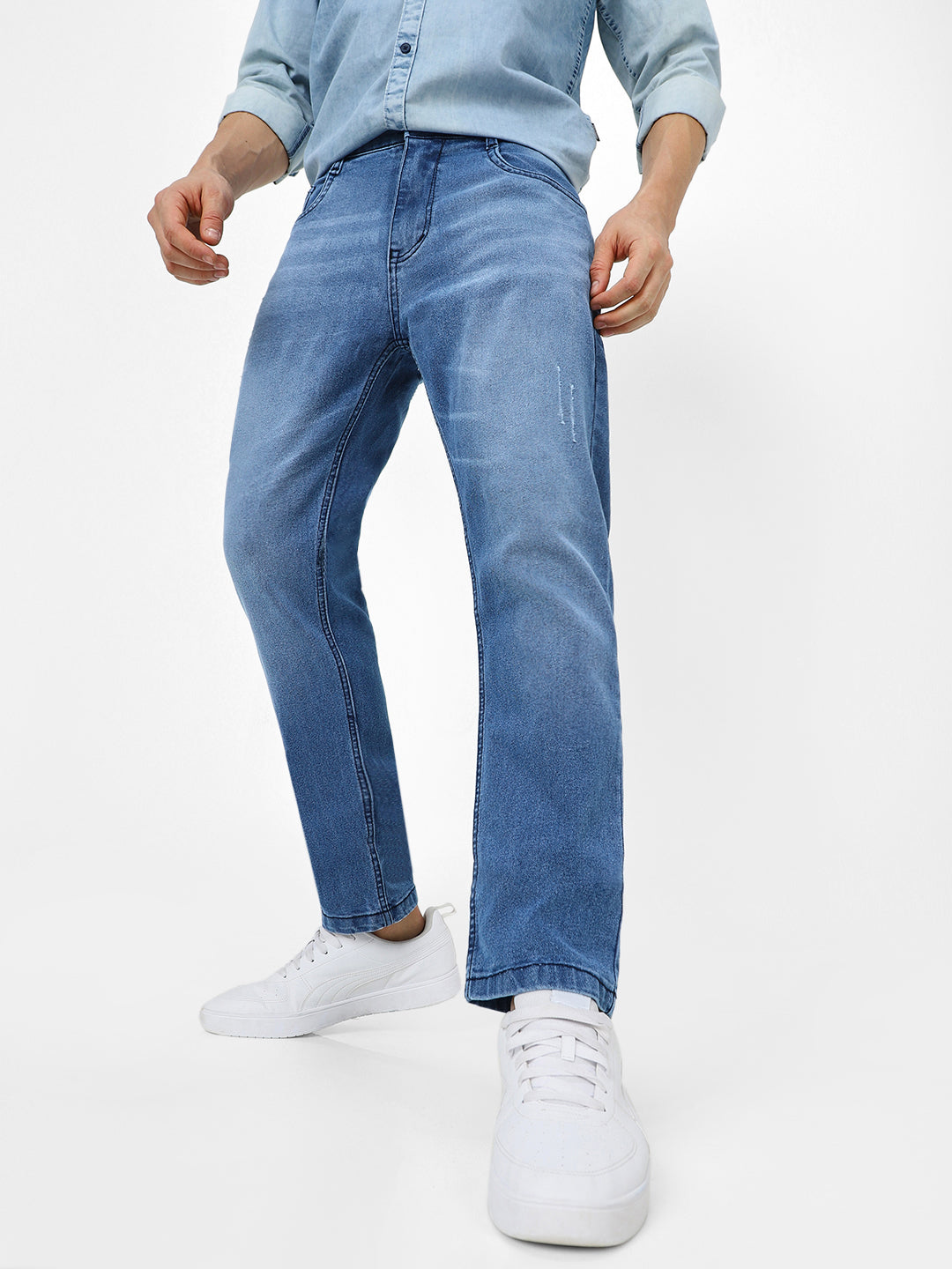 Men's Light Blue Slim Fit Mild Distressed/Torn Jeans Stretchable