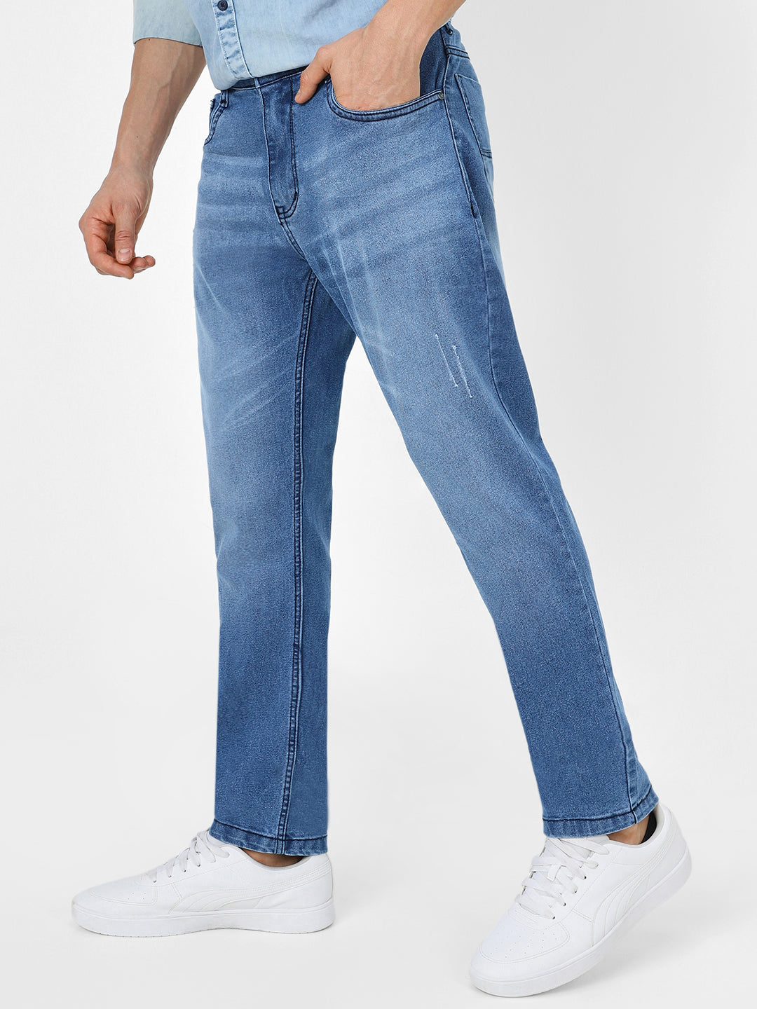 Men's Light Blue Slim Fit Mild Distressed/Torn Jeans Stretchable