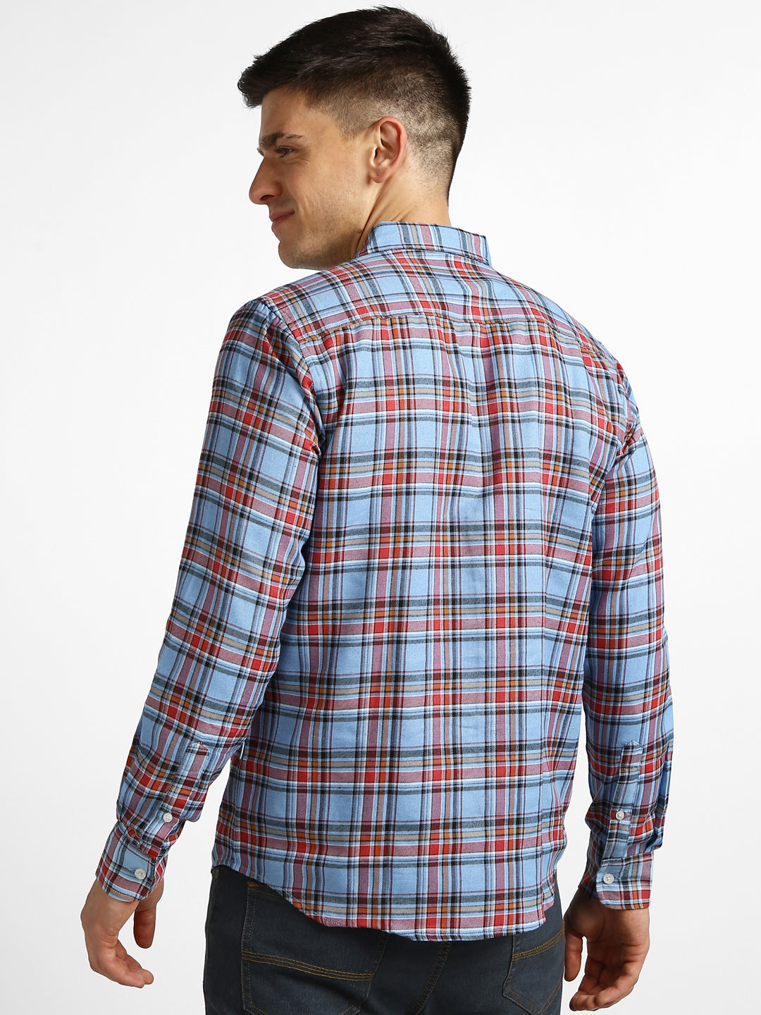 Men's Light Blue Cotton Full Sleeve Slim Fit Casual Checkered Shirt