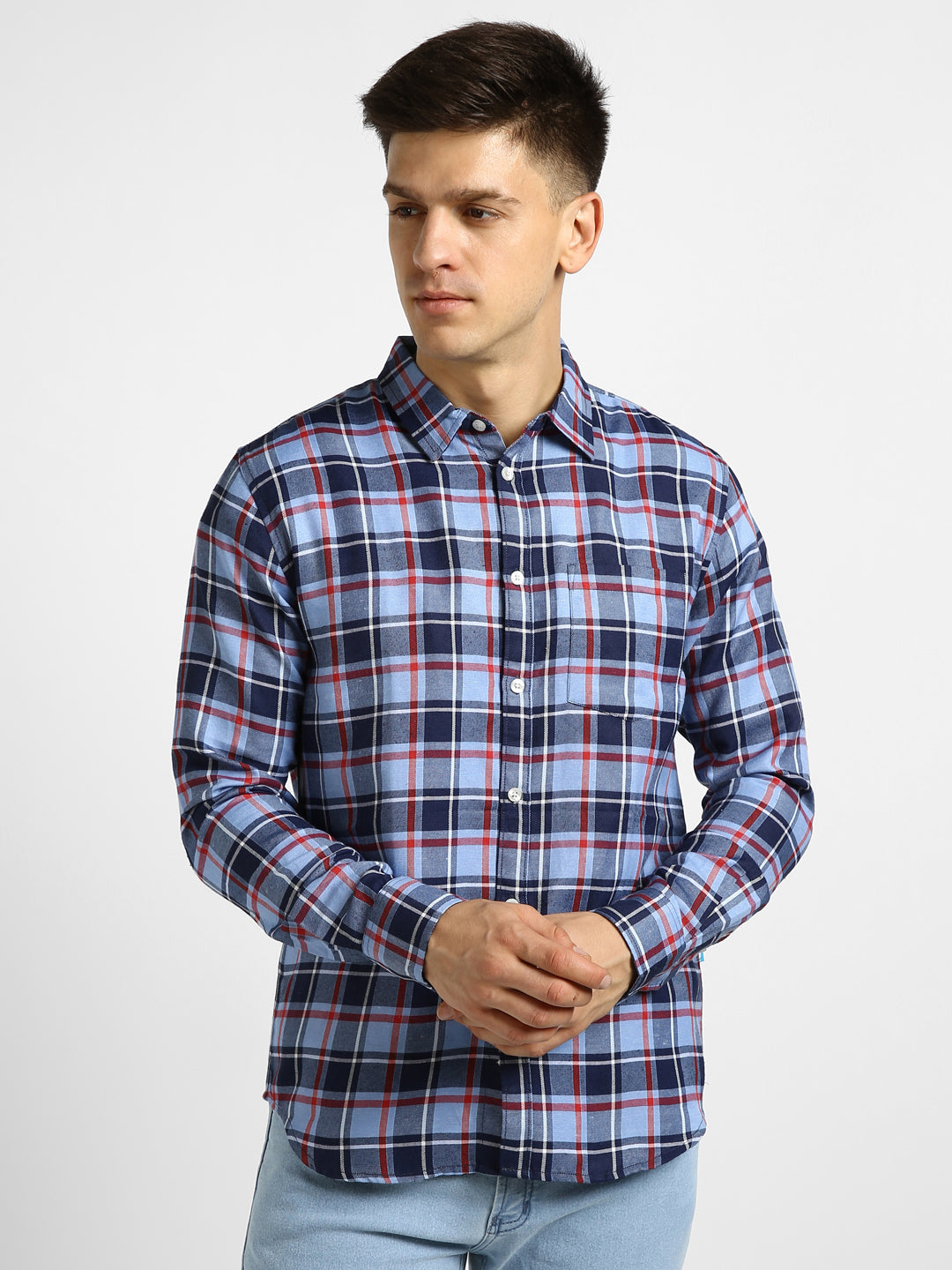Men's Blue Cotton Full Sleeve Slim Fit Casual Checkered Shirt