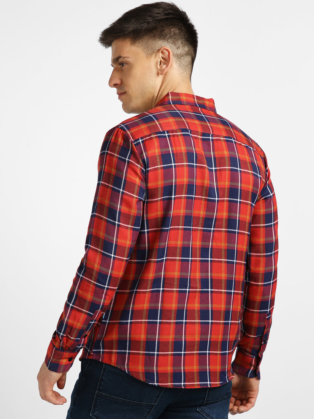 Men's Orange Cotton Full Sleeve Slim Fit Casual Checkered Shirt