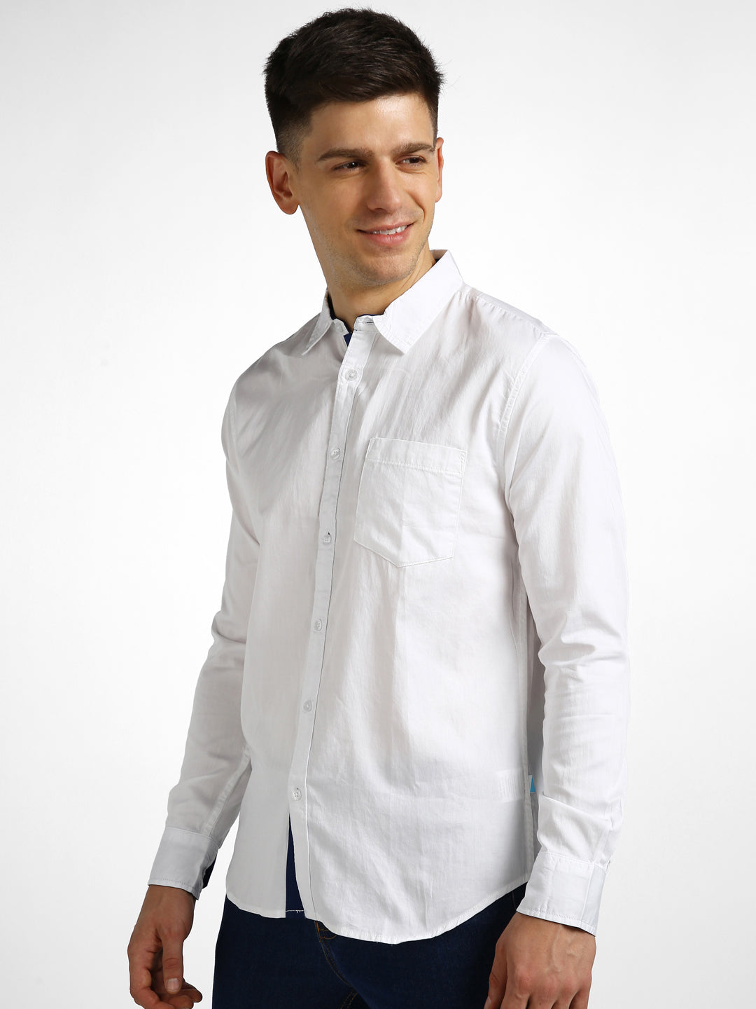 Men's White Cotton Full Sleeve Slim Fit Casual Solid Shirt