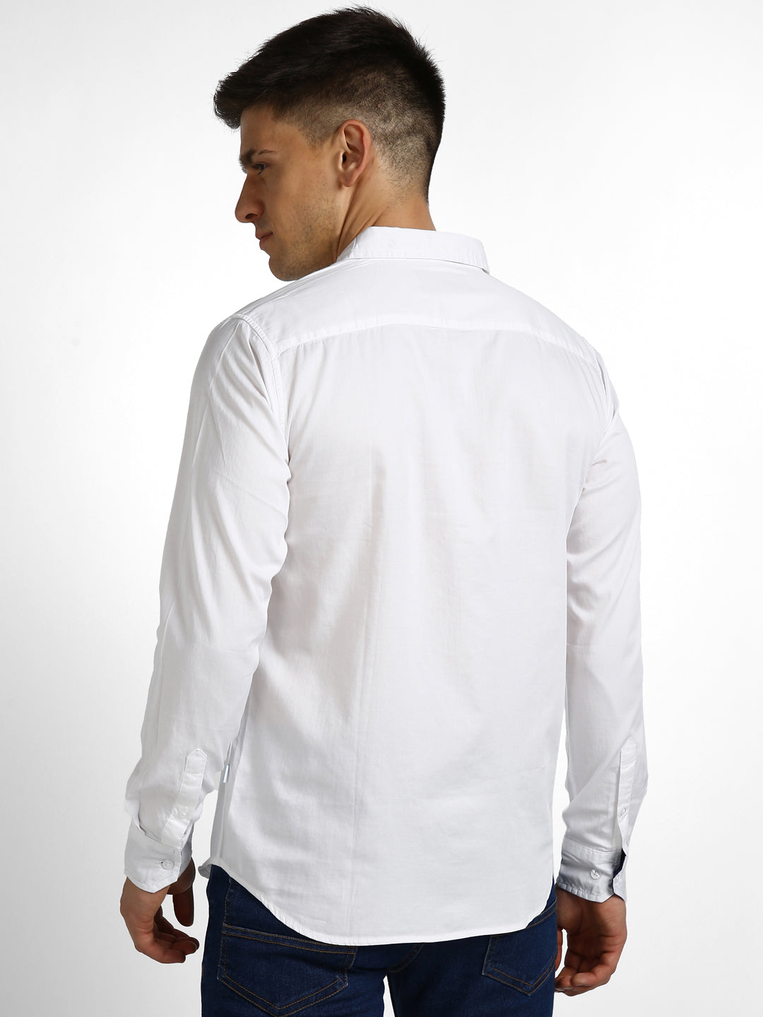 Men's White Cotton Full Sleeve Slim Fit Casual Solid Shirt