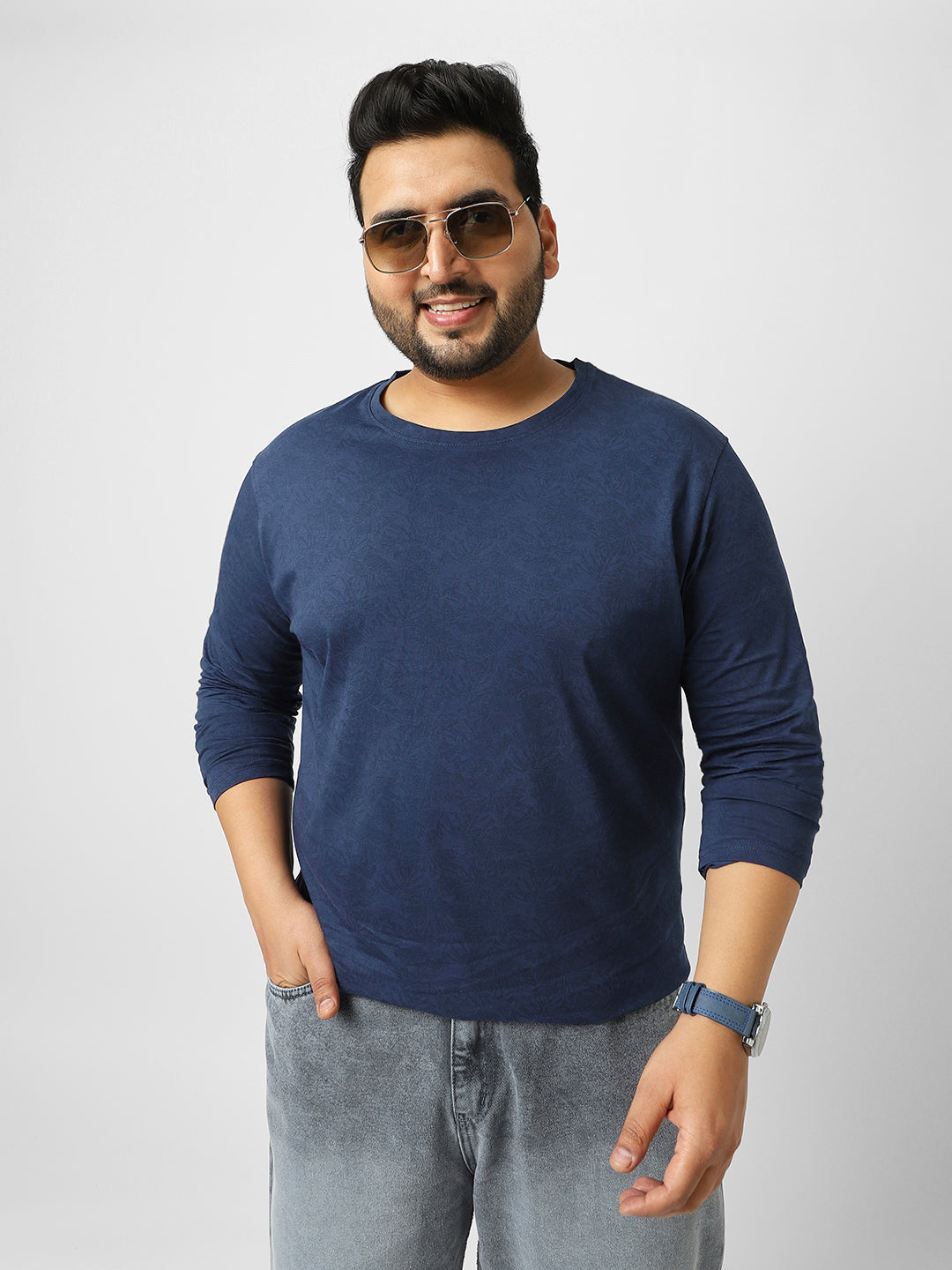 Plus Men's Estate Blue Printed Full Sleeve Regular Fit Cotton T-Shirt