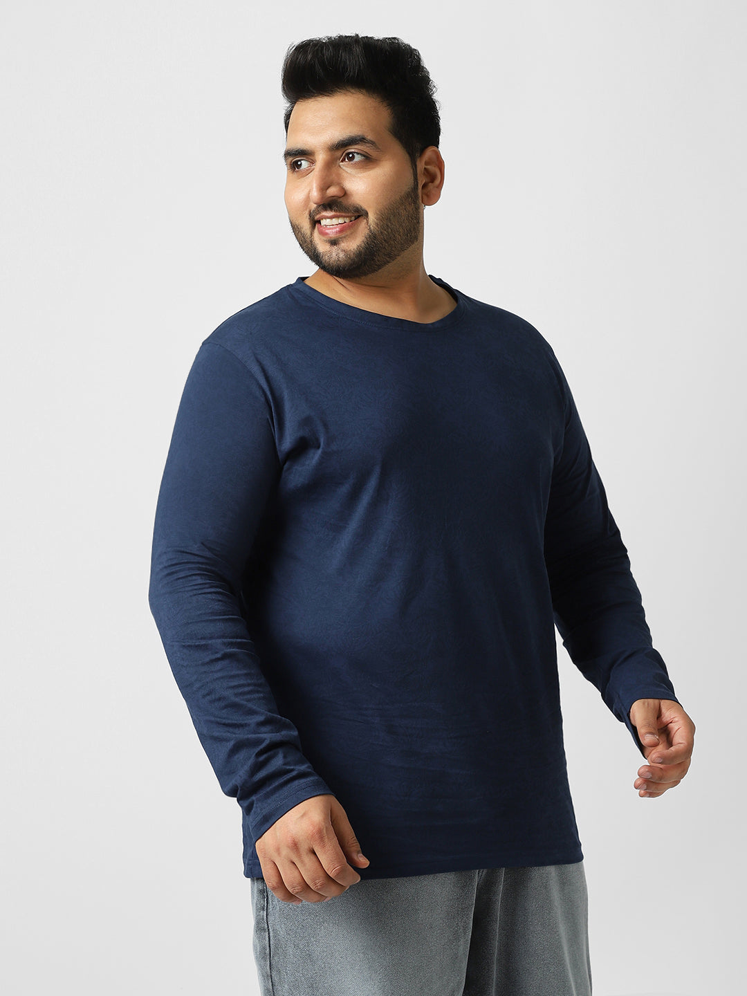 Plus Men's Estate Blue Printed Full Sleeve Regular Fit Cotton T-Shirt