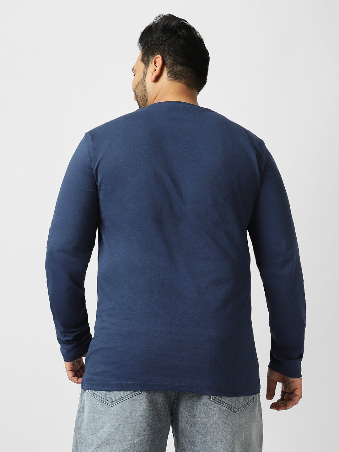 Plus Men's Estate Blue Printed Full Sleeve Regular Fit Cotton T-Shirt