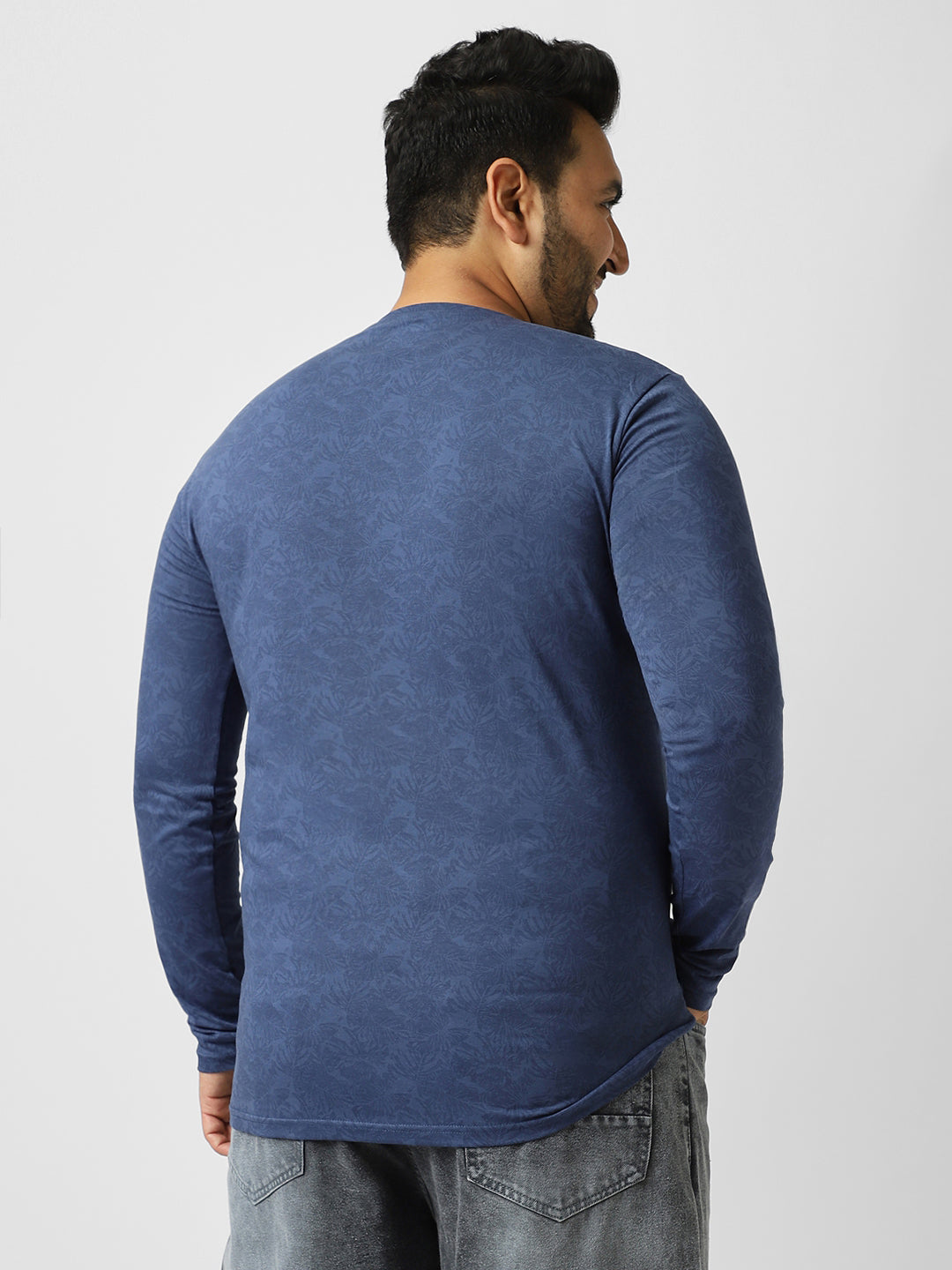Plus Men's Mood Indigo Printed Full Sleeve Regular Fit Cotton T-Shirt