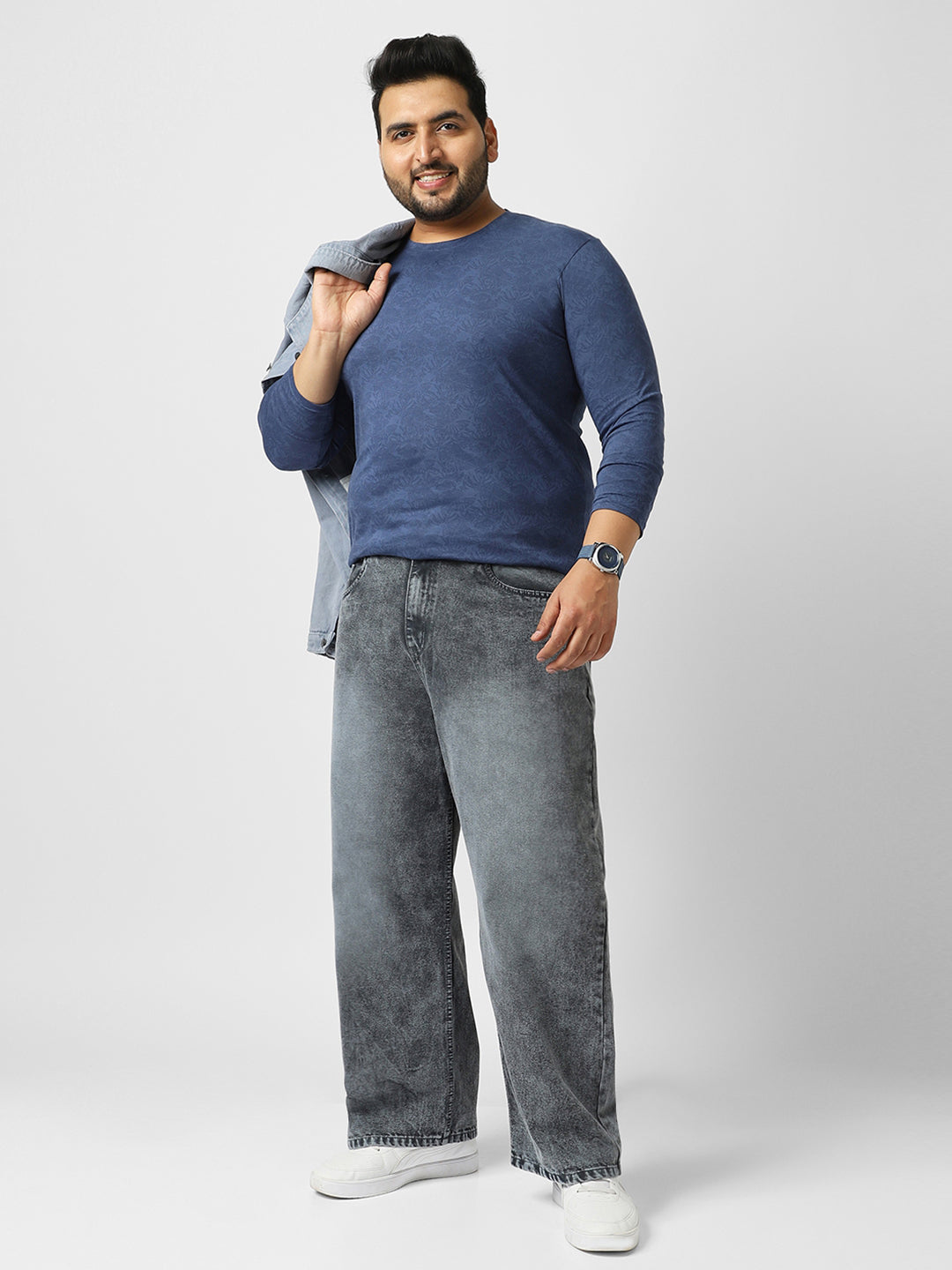 Plus Men's Mood Indigo Printed Full Sleeve Regular Fit Cotton T-Shirt