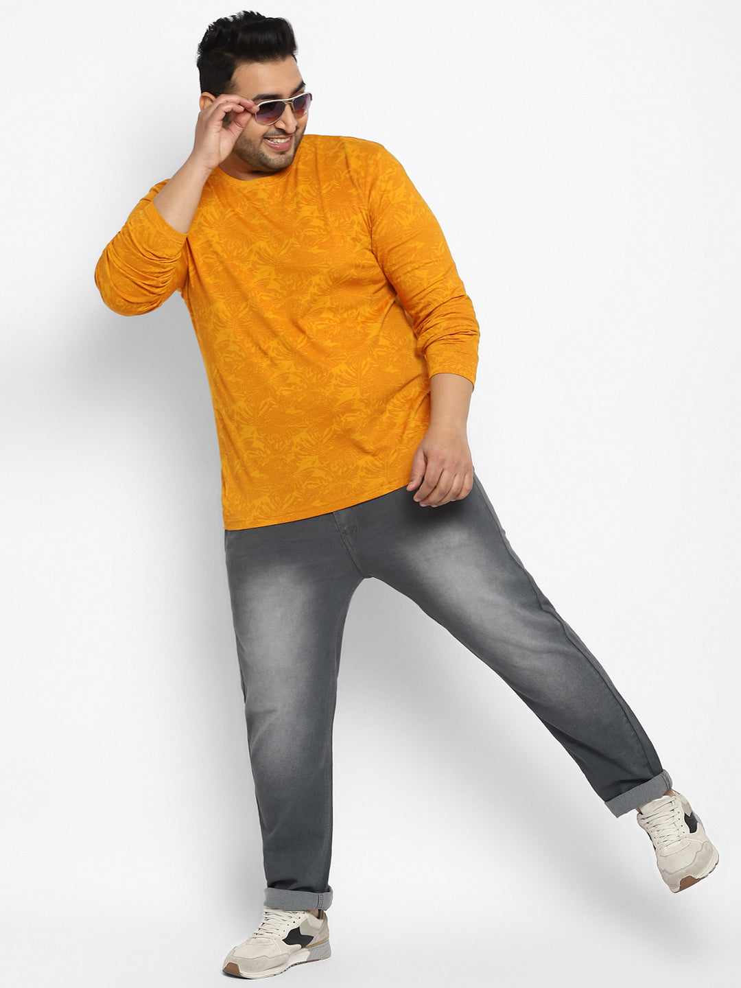 Plus Men's Mustard Printed Full Sleeve Regular Fit Cotton T-Shirt