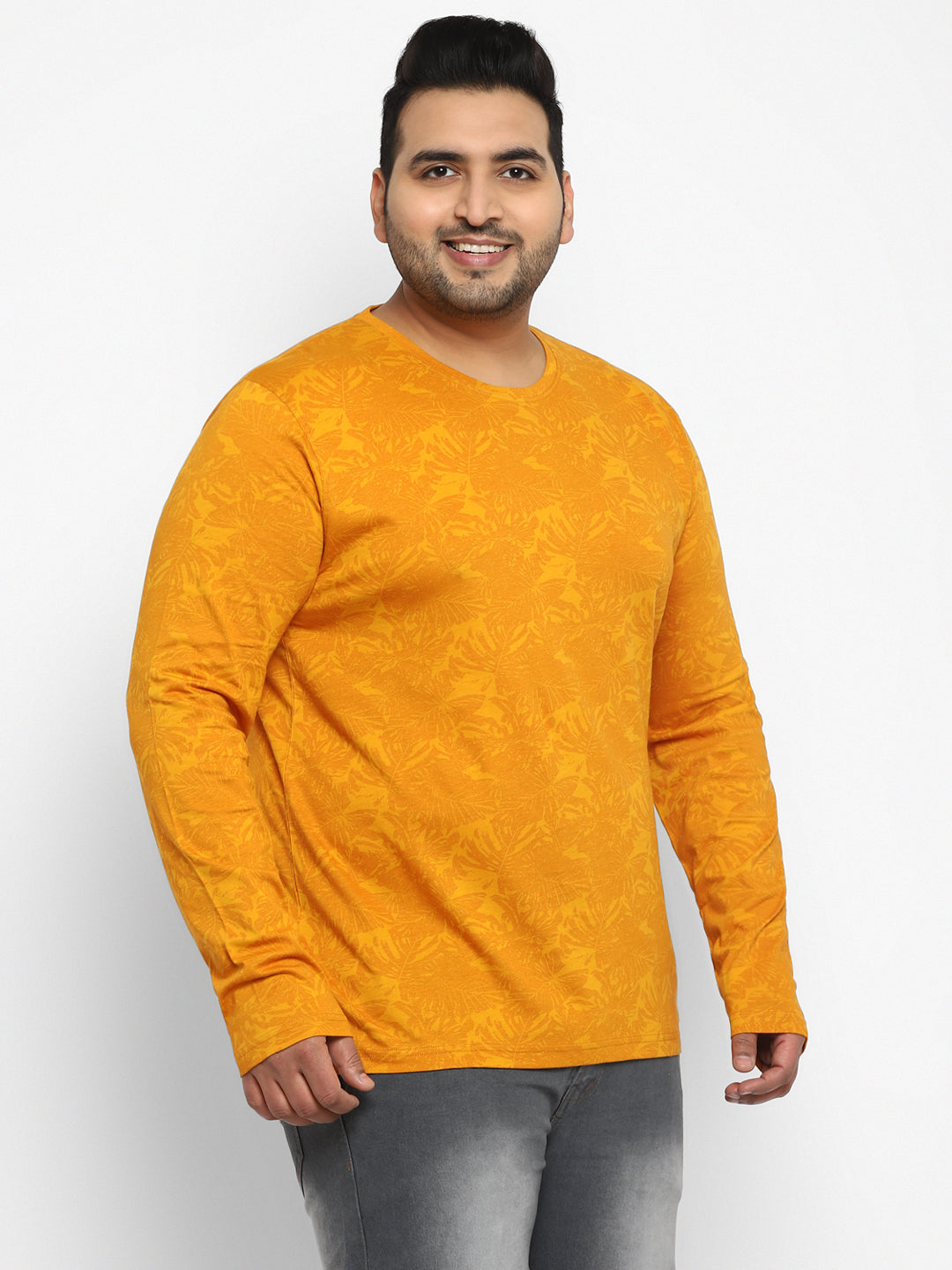 Plus Men's Mustard Printed Full Sleeve Regular Fit Cotton T-Shirt