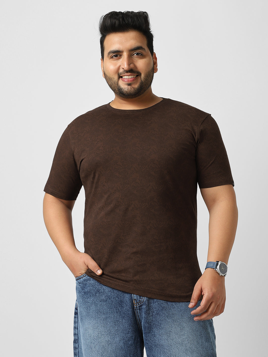 Plus Men's Chicory Coffee Printed Half Sleeve Regular Fit Cotton T-Shirt