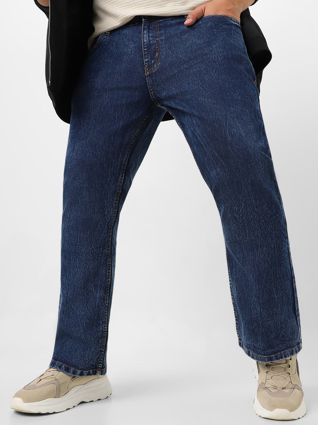 Plus Men's Dark Blue Washed Bootcut Jeans Stretchable