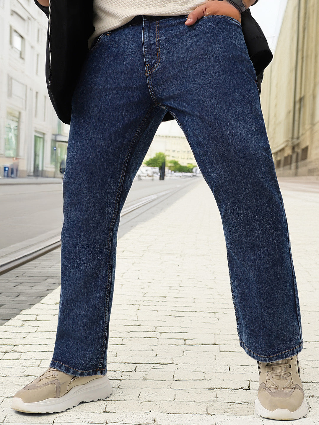 Plus Men's Dark Blue Washed Bootcut Jeans Stretchable