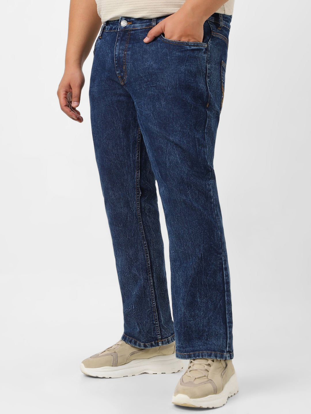 Plus Men's Dark Blue Washed Bootcut Jeans Stretchable