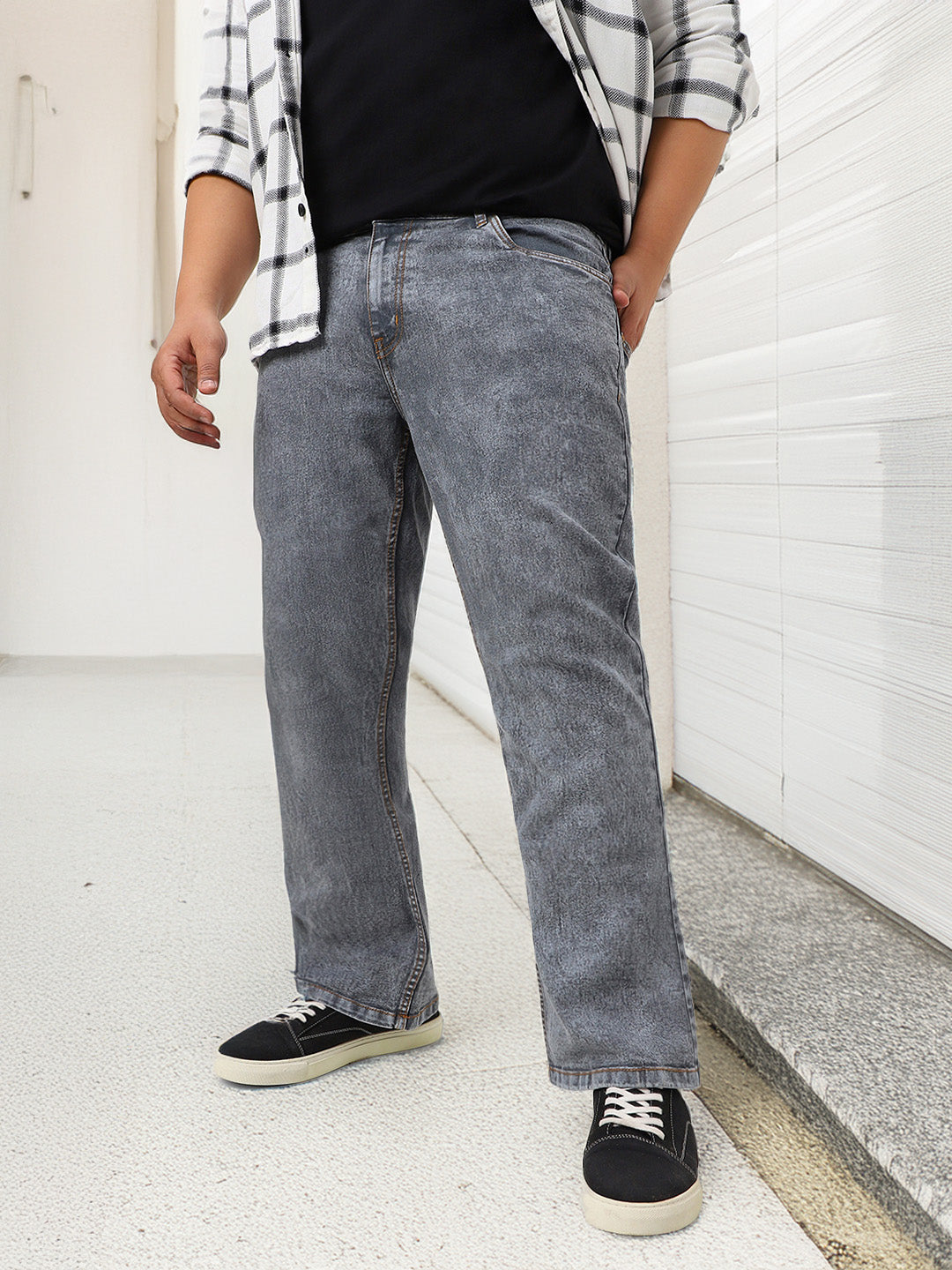 Plus Men's Light Grey Washed Bootcut Jeans Stretchable