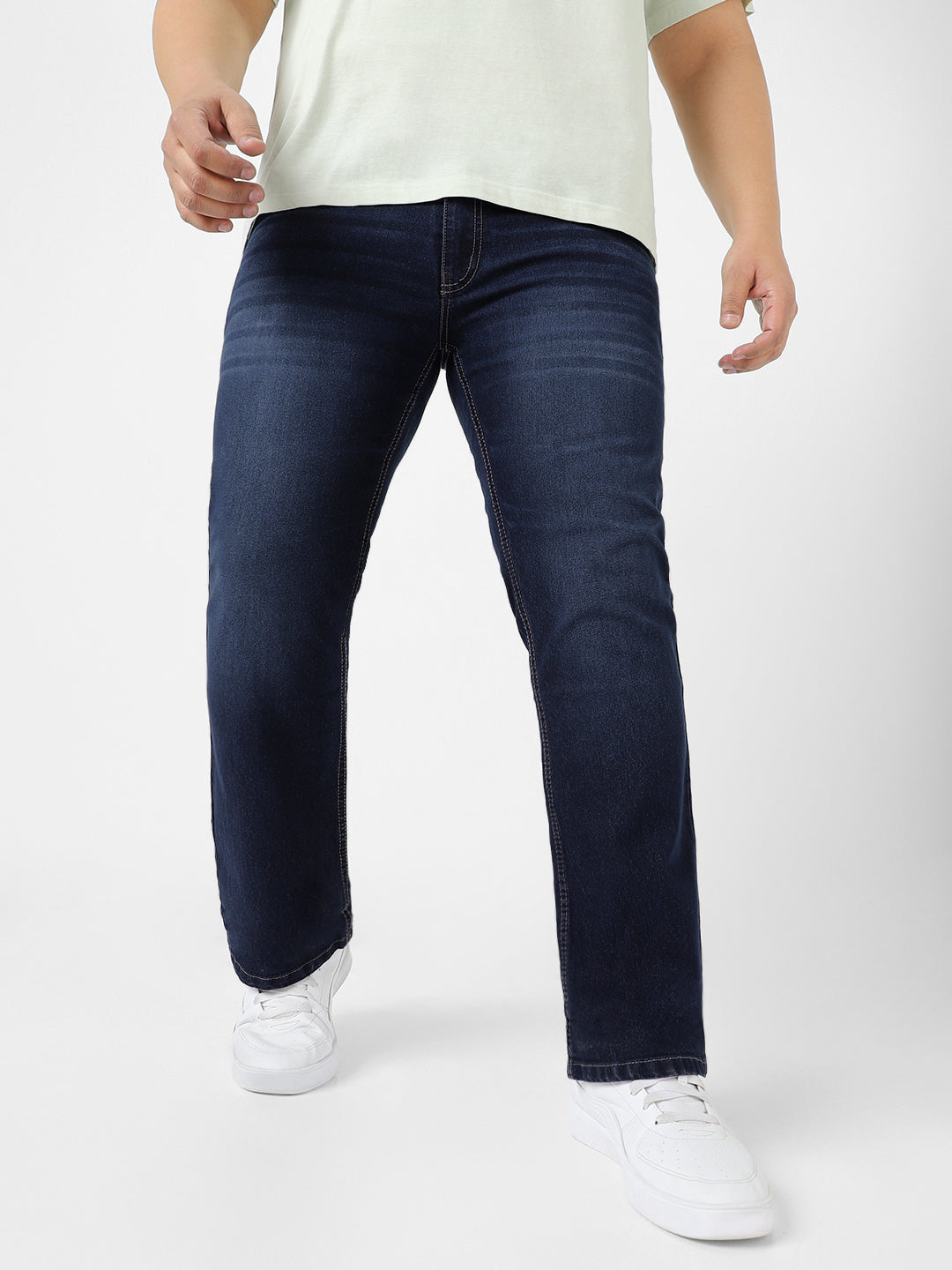Plus Men's Blue Regular Fit Washed Bootcut Jeans Stretchable