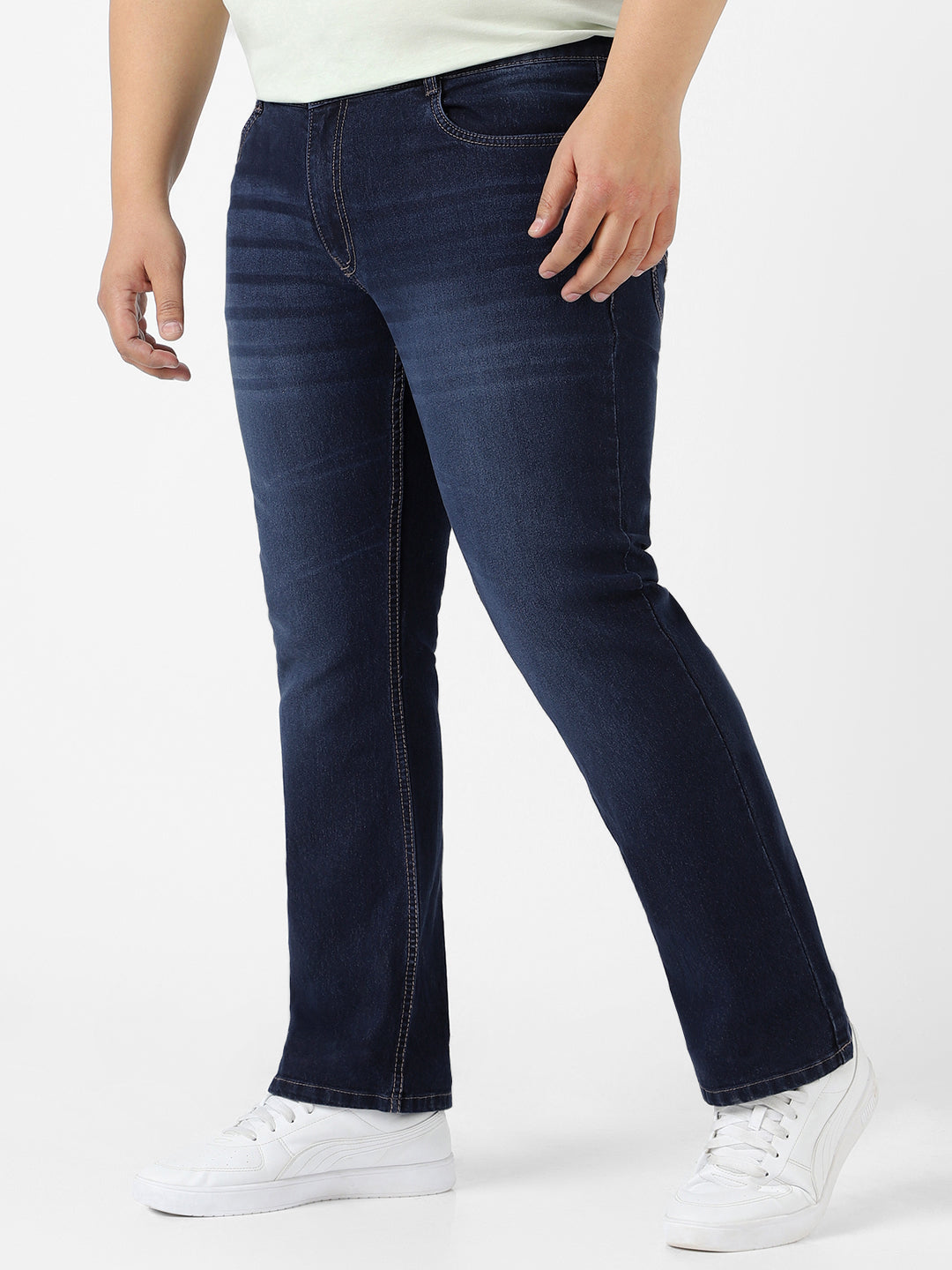 Plus Men's Blue Regular Fit Washed Bootcut Jeans Stretchable