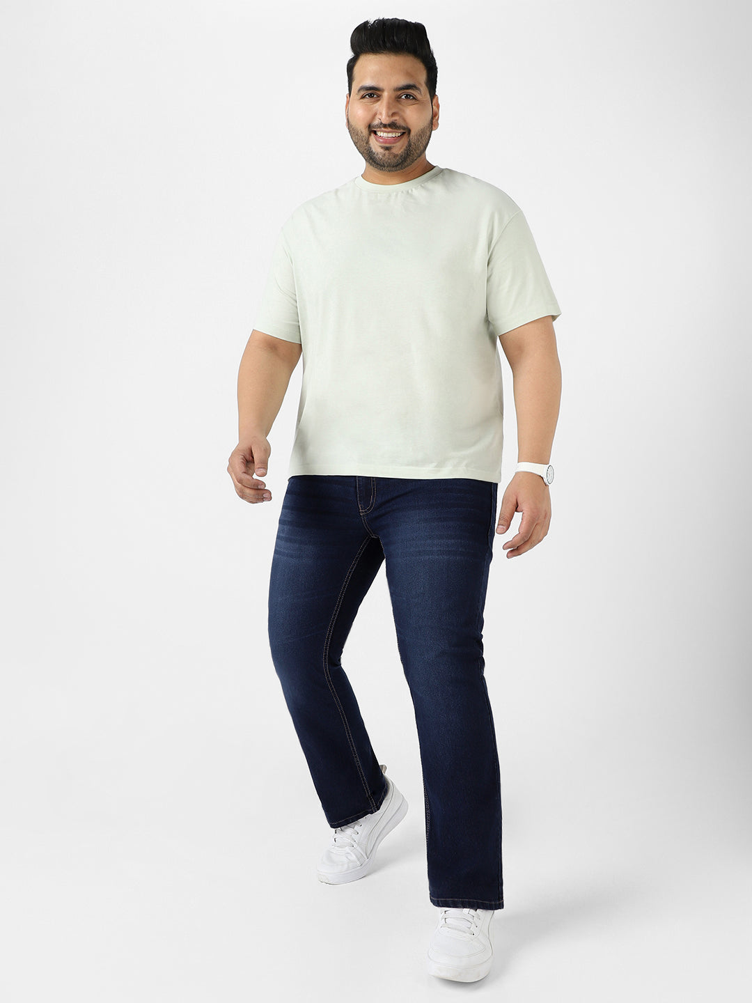 Plus Men's Blue Regular Fit Washed Bootcut Jeans Stretchable