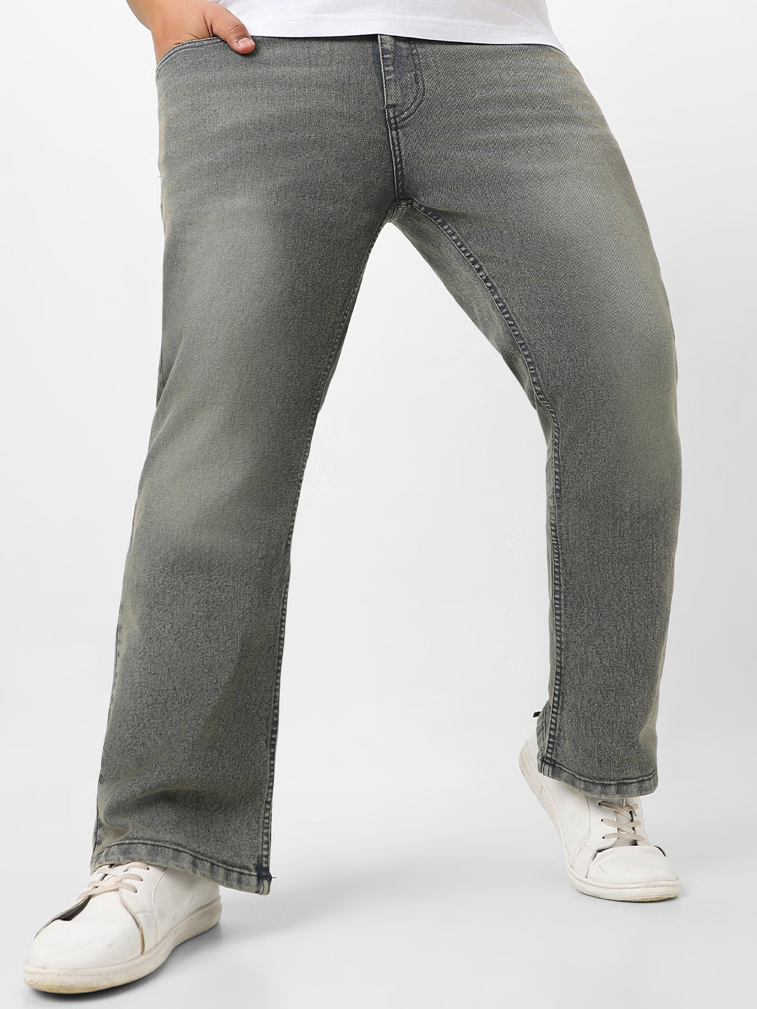 Plus Men's Dark Grey Washed Bootcut Jeans Stretchable