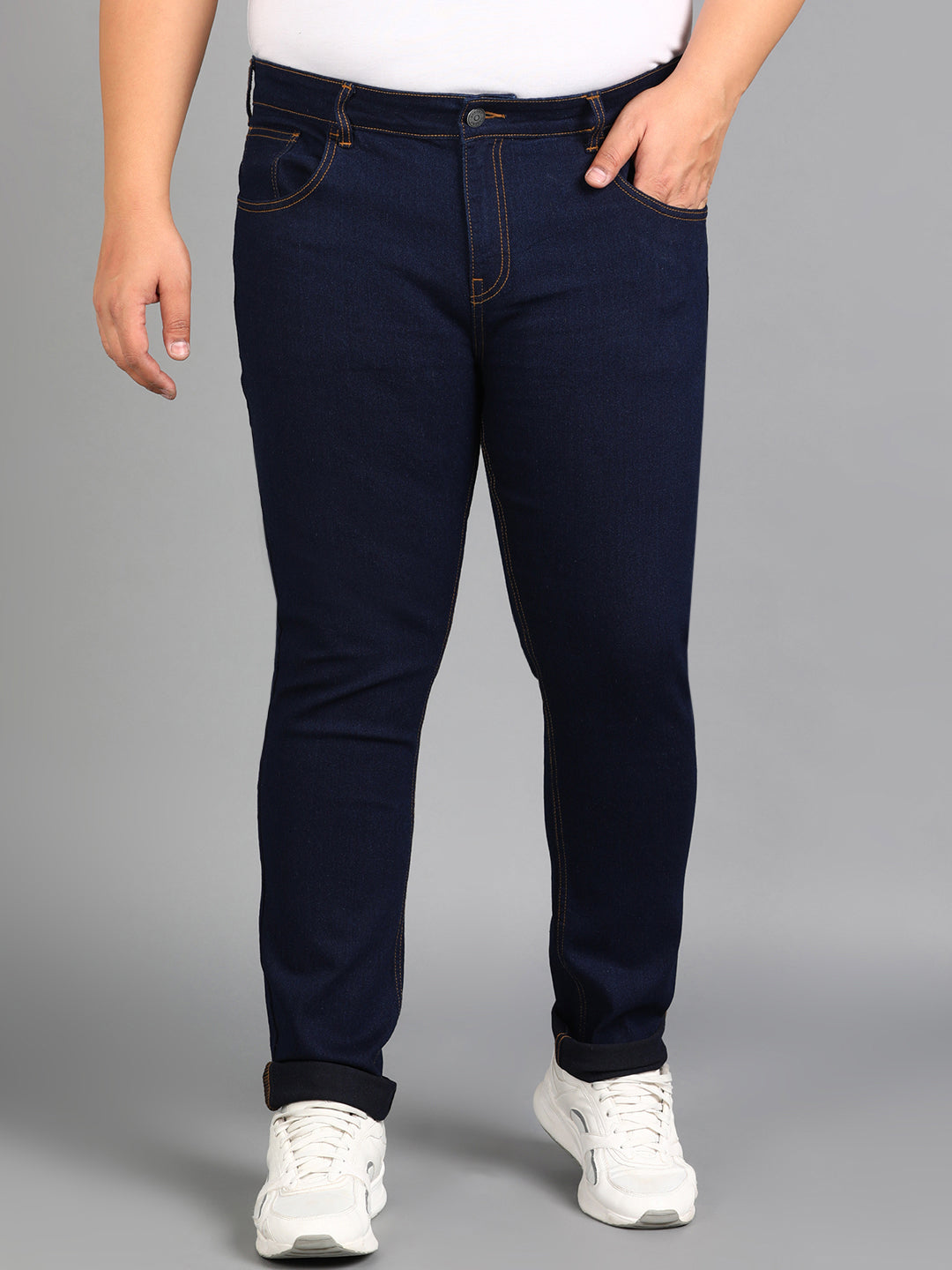 Plus Men's Dark Blue Regular Fit Washed Jeans Stretchable